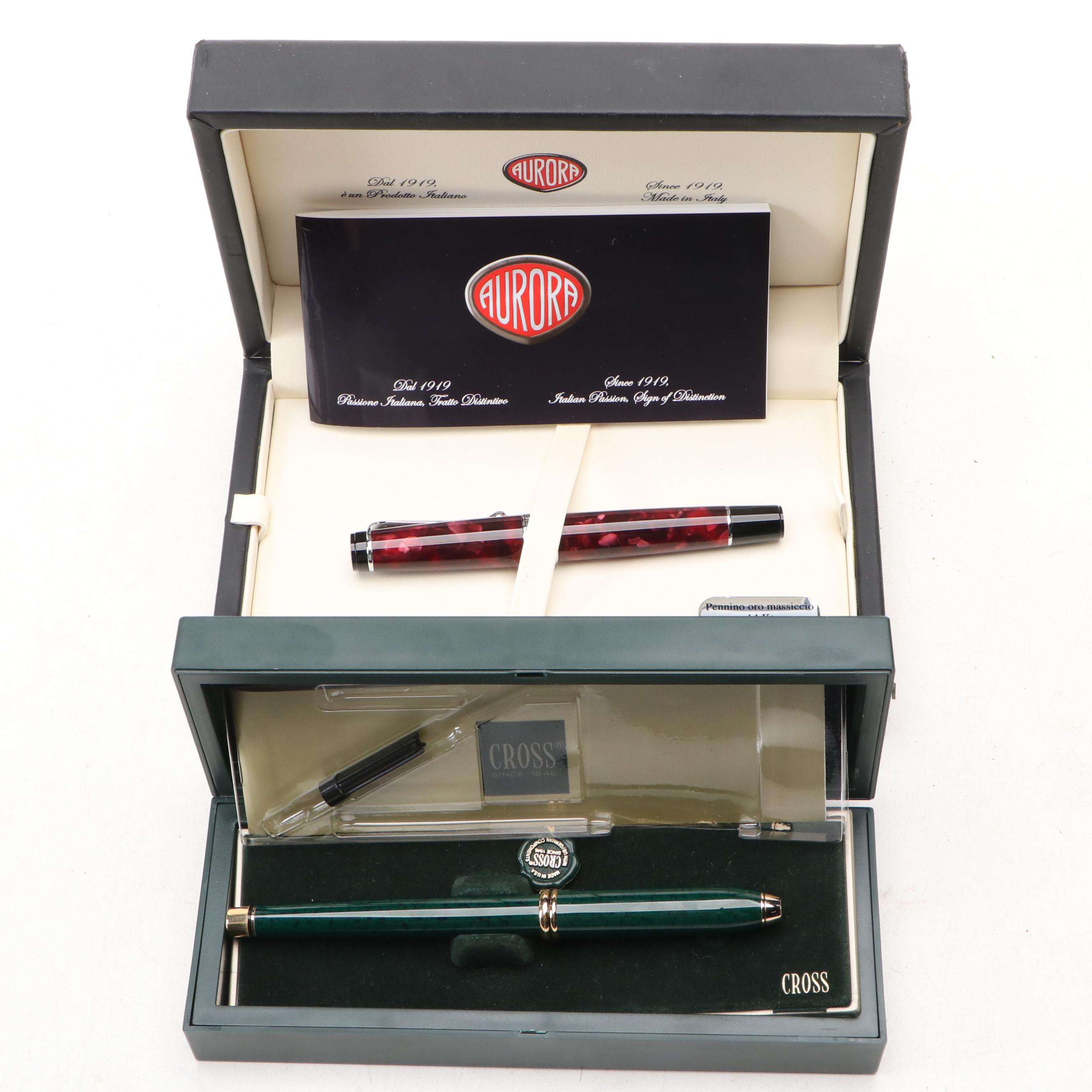 Aurora Italian Fountain Pen with 14K Nib, and Cross Pen, Late 20th Century