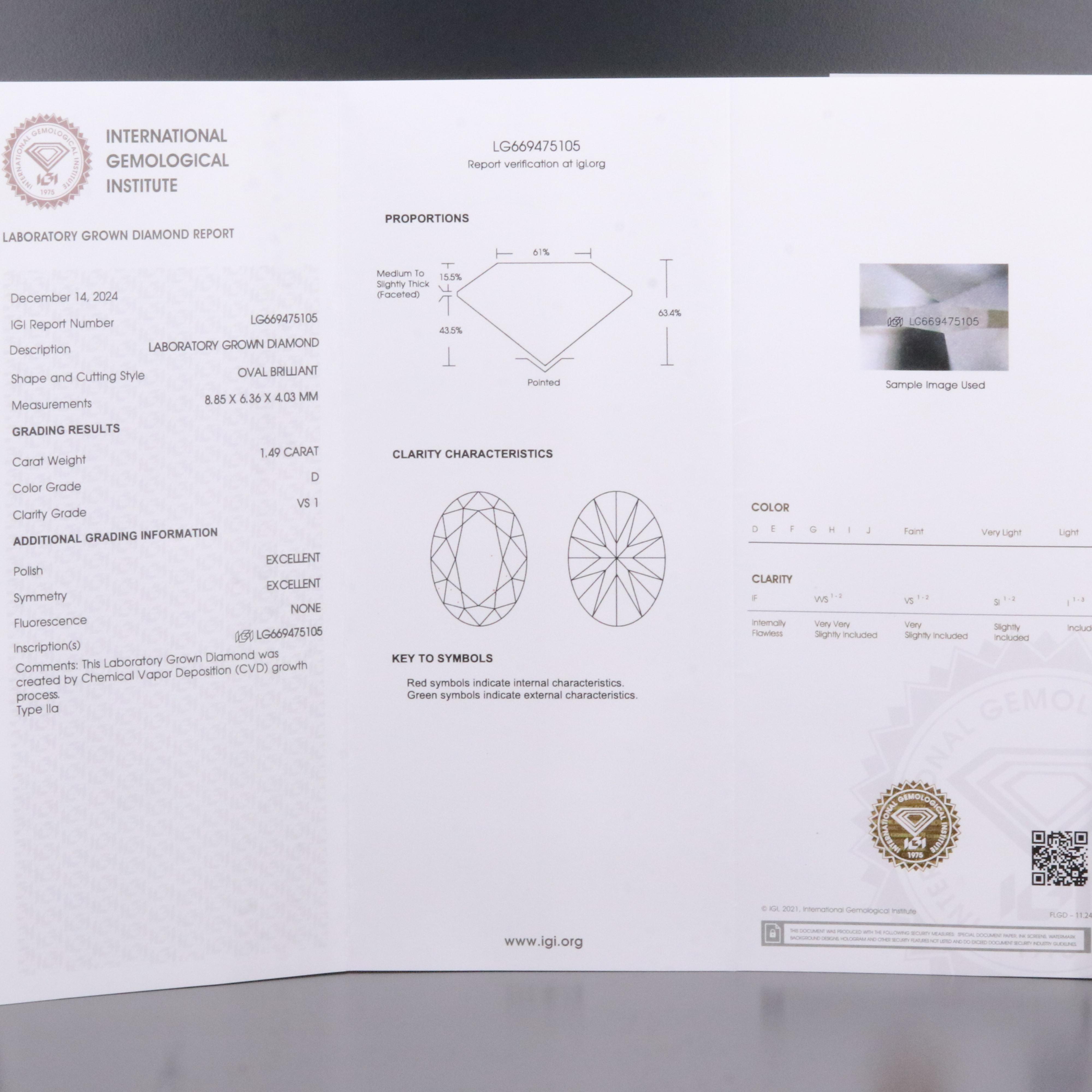 Loose 1.49 CT Lab Grown Diamond with IGI Report