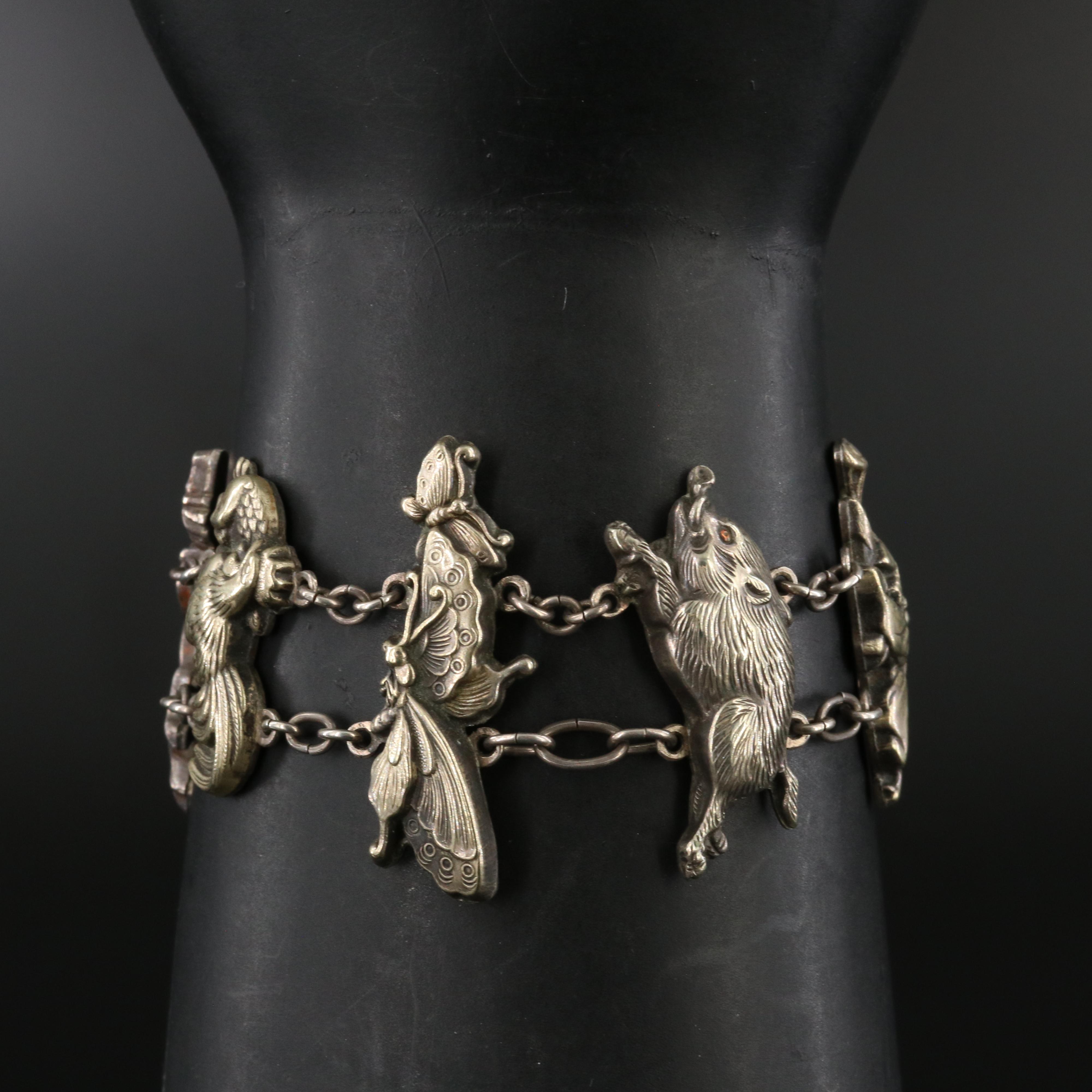 Japanese Sterling and Brass Obi-dome Animal and Figural Bracelet