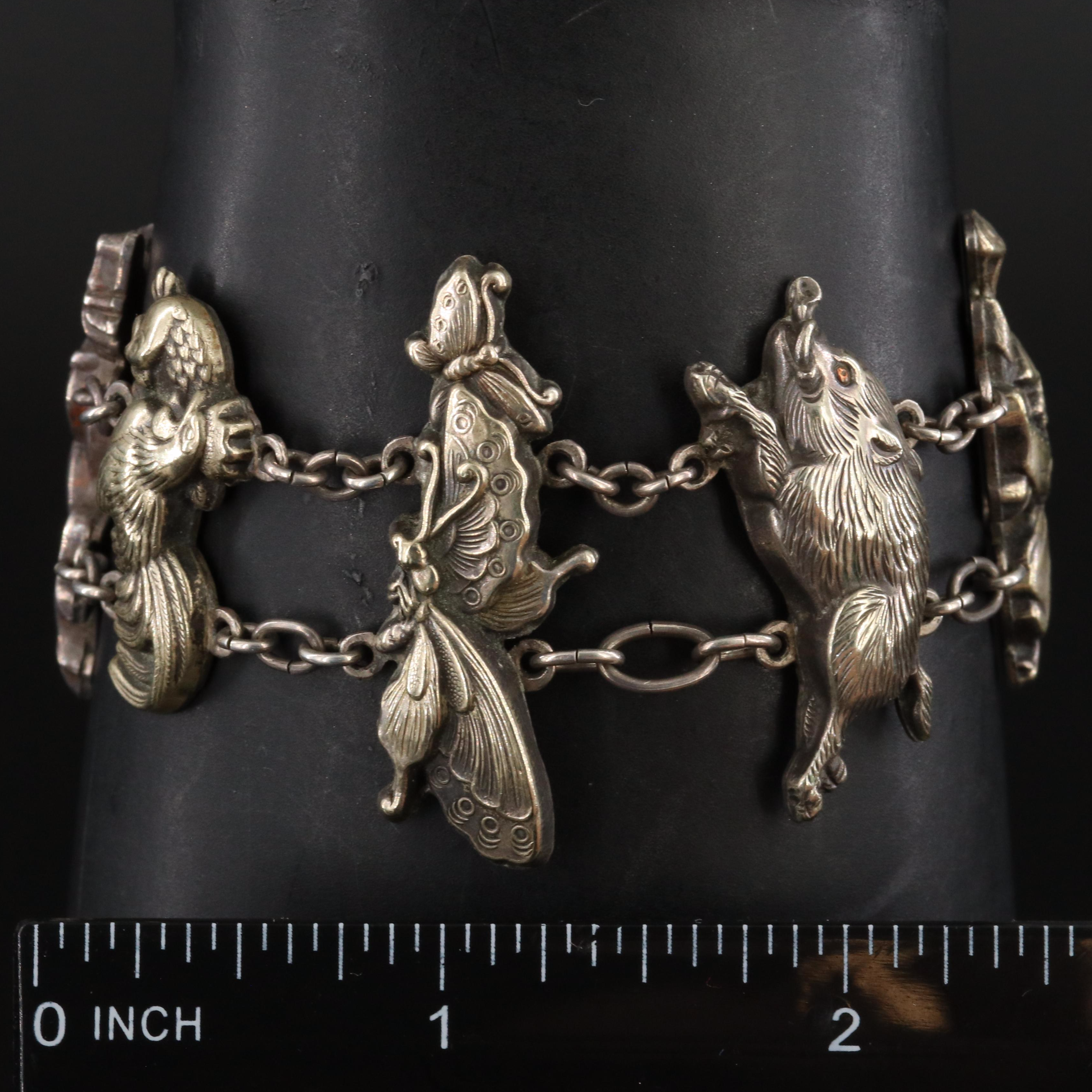 Japanese Sterling and Brass Obi-dome Animal and Figural Bracelet