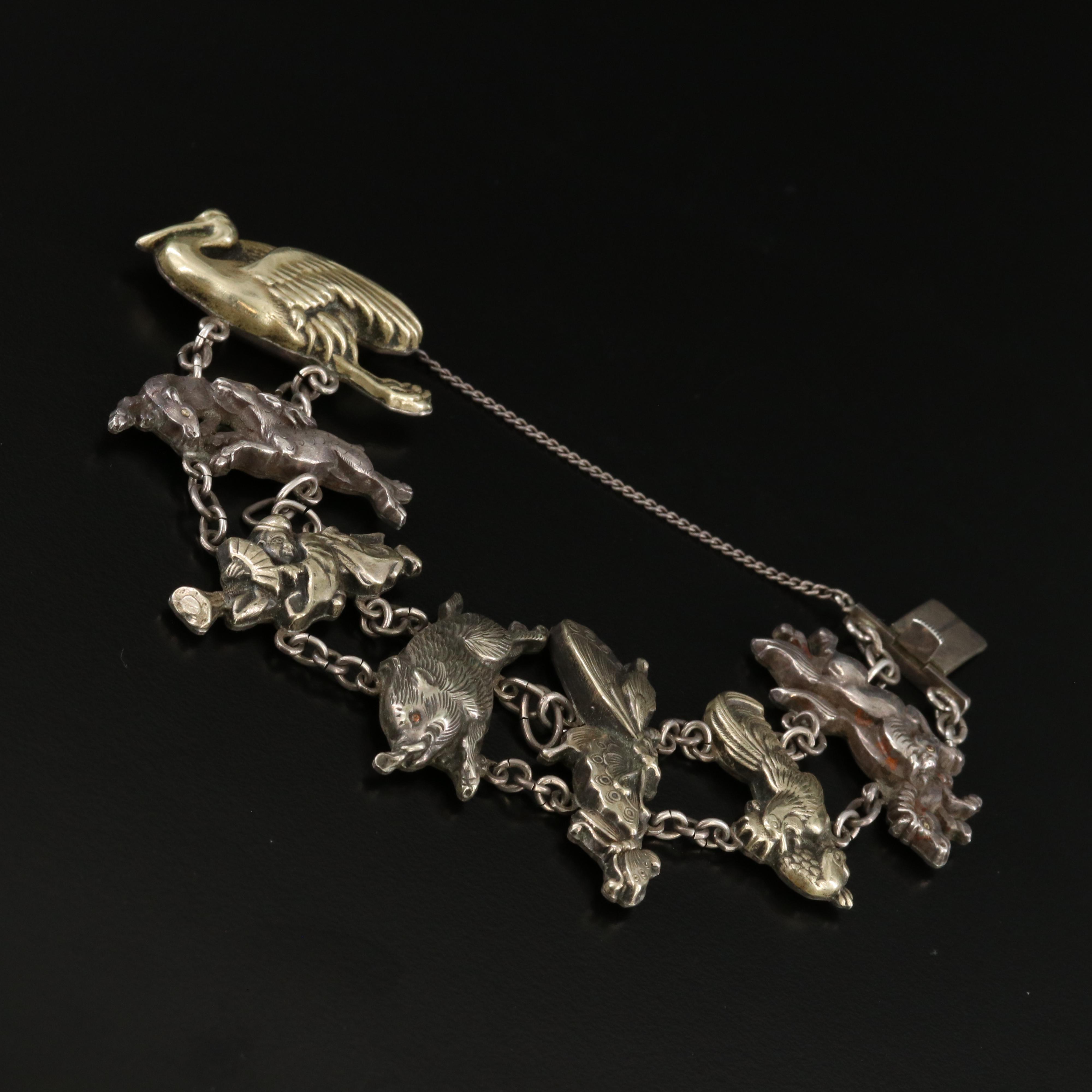 Japanese Sterling and Brass Obi-dome Animal and Figural Bracelet
