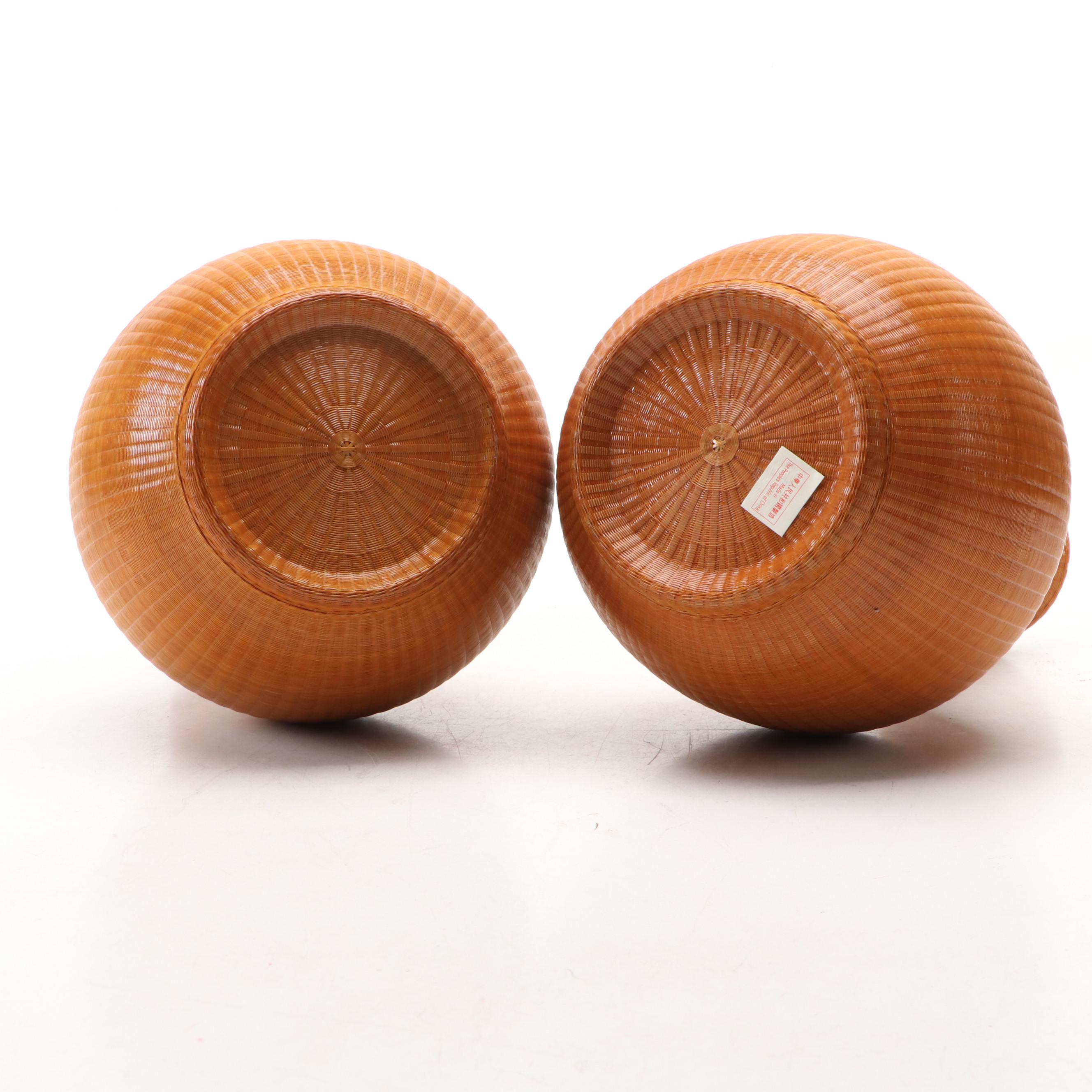 Chinese Woven Bamboo and Porcelain Vases