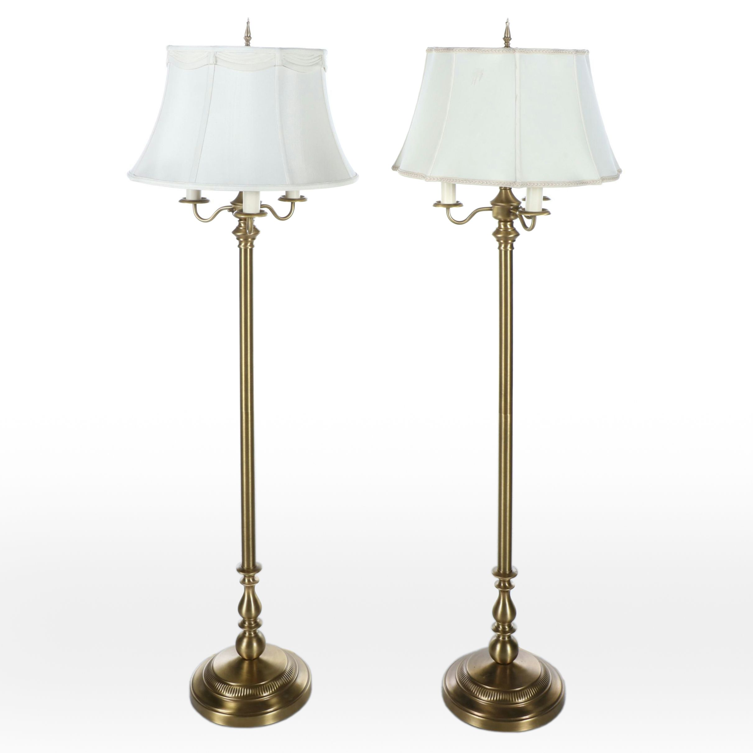 Neoclassical Style Brushed Brass Bouillotte Floor Lamps with Silk Shades, 21st C