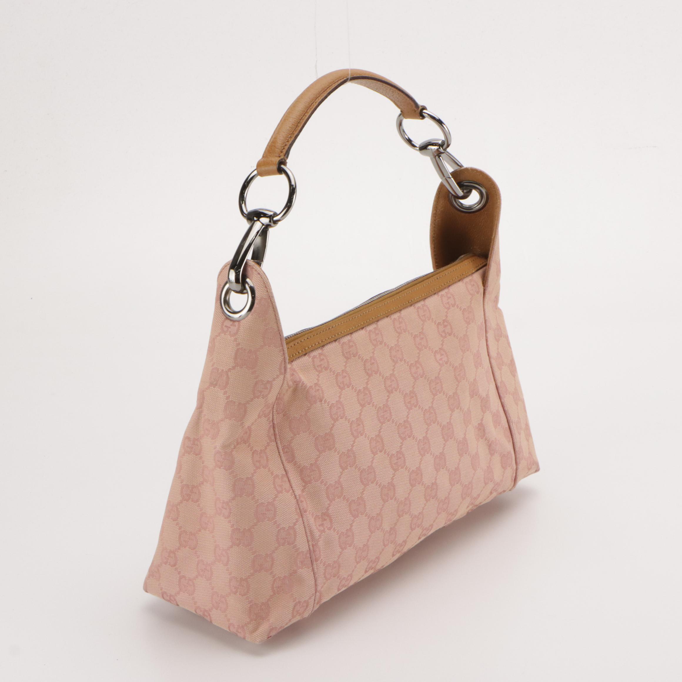 Gucci Horsebit Strap Hobo Shoulder Bag in Pink GG Canvas and Brown Leather