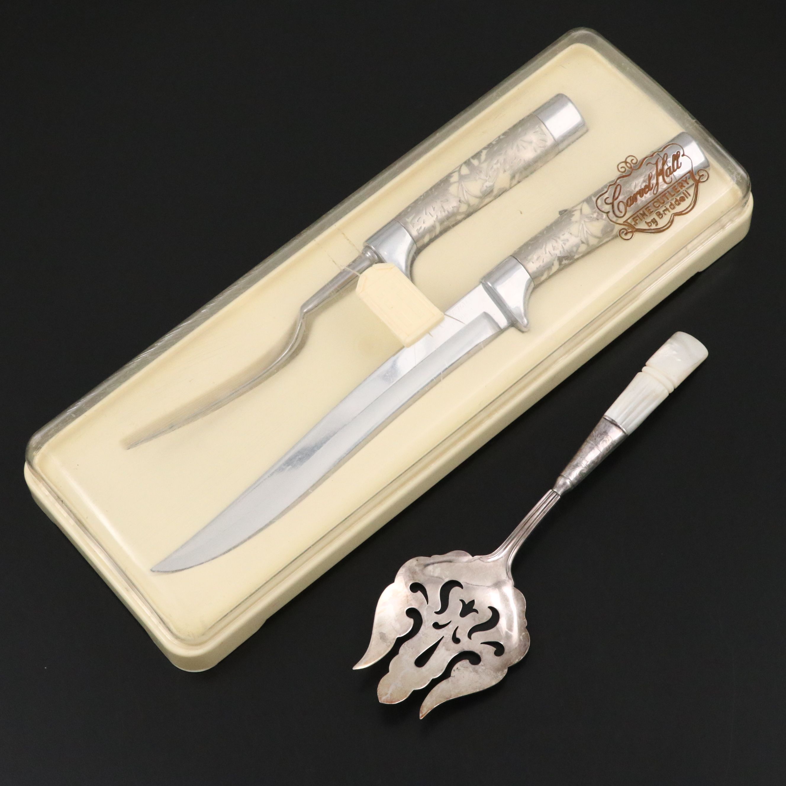 Carvel Hall Silver Overlay Carving Set with Victorian Carved MOP Asparagus Fork