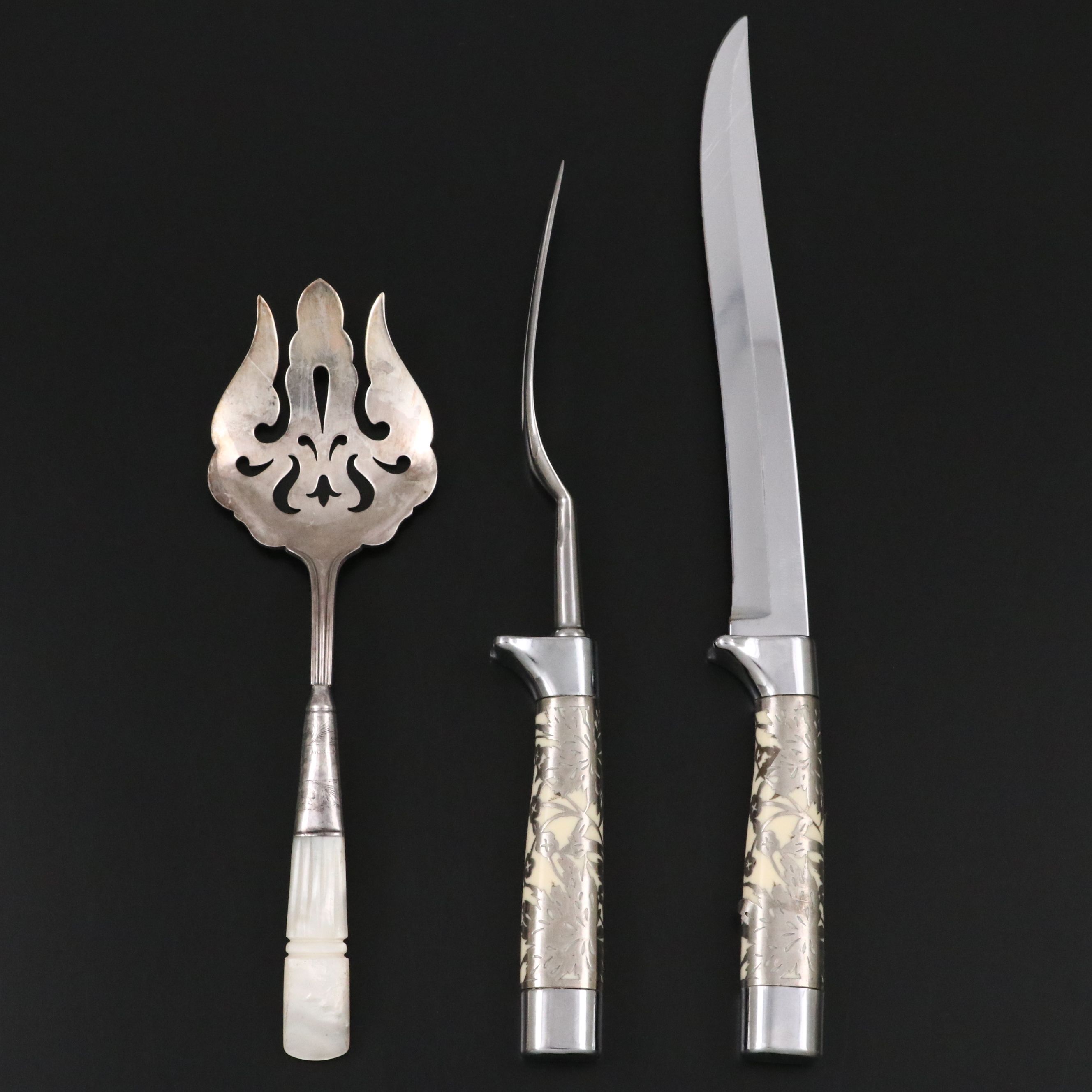 Carvel Hall Silver Overlay Carving Set with Victorian Carved MOP Asparagus Fork