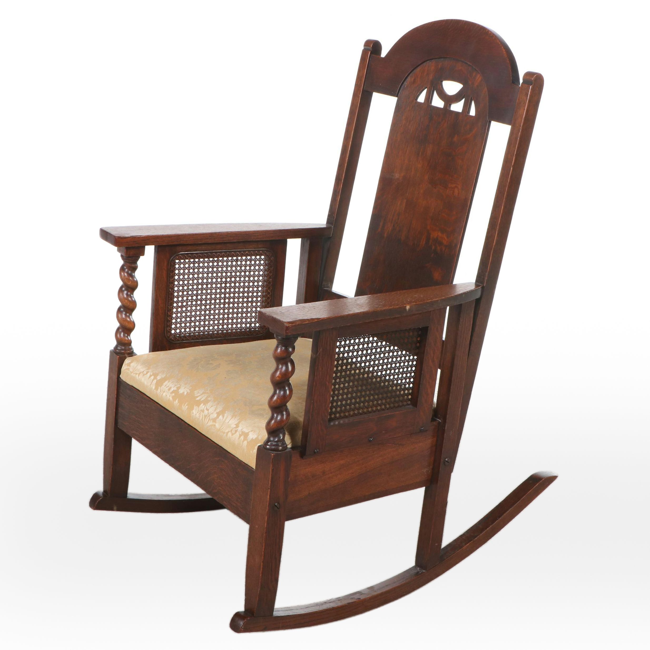 Mission Style Oak and Cane Rocking Chair with Barley Twist Detailing
