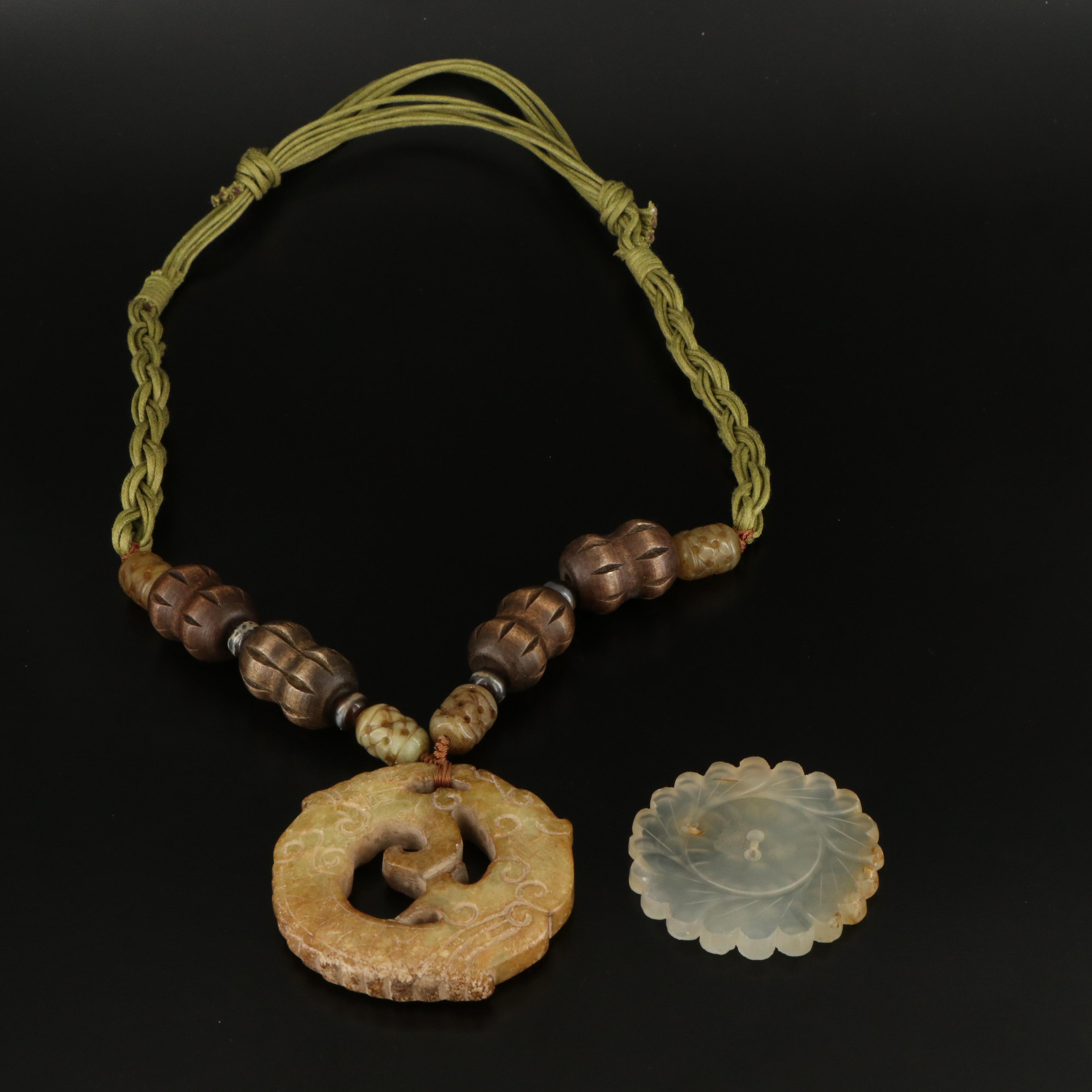 Asian Style Serpentine and Wood Corded Necklace with Agate Charm