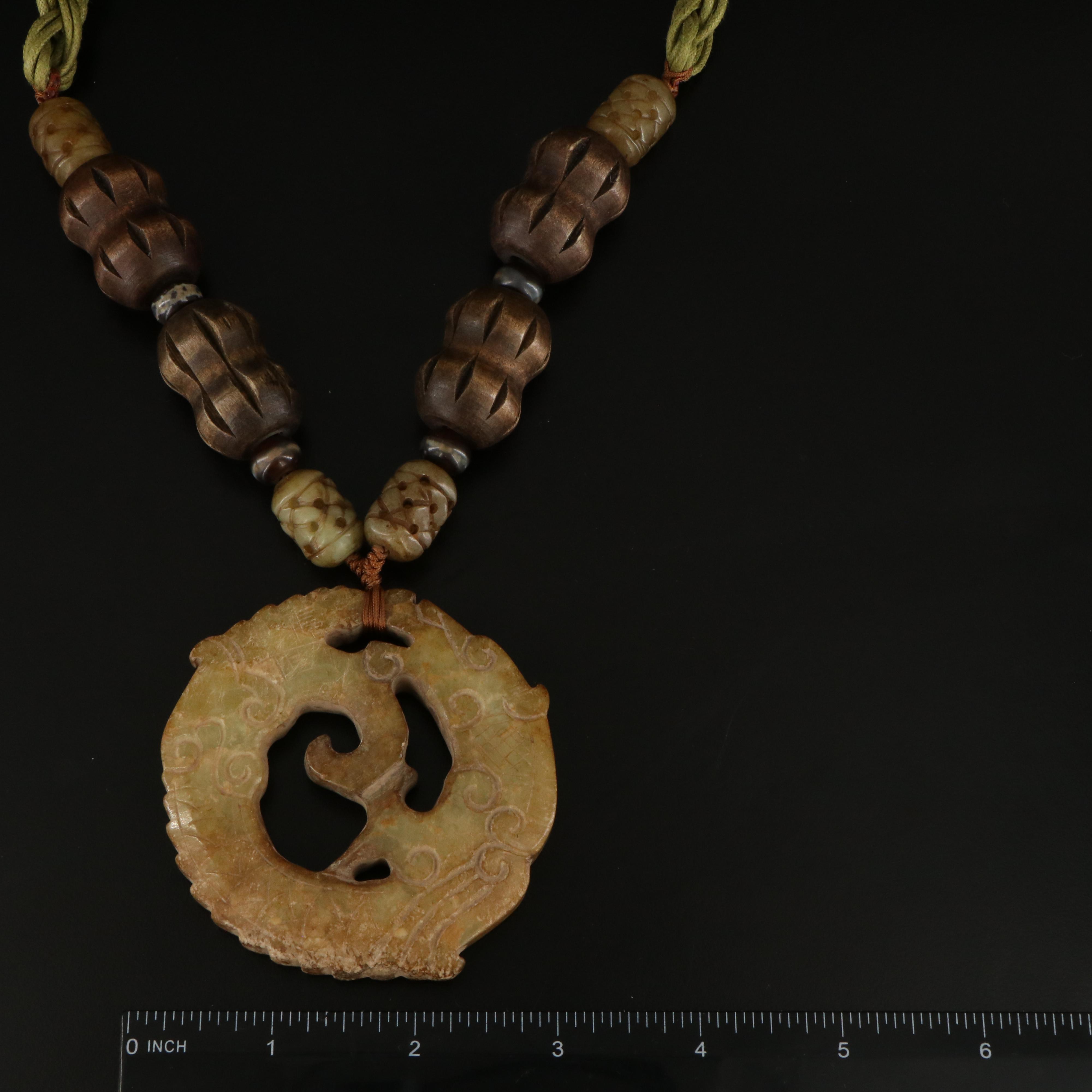Asian Style Serpentine and Wood Corded Necklace with Agate Charm