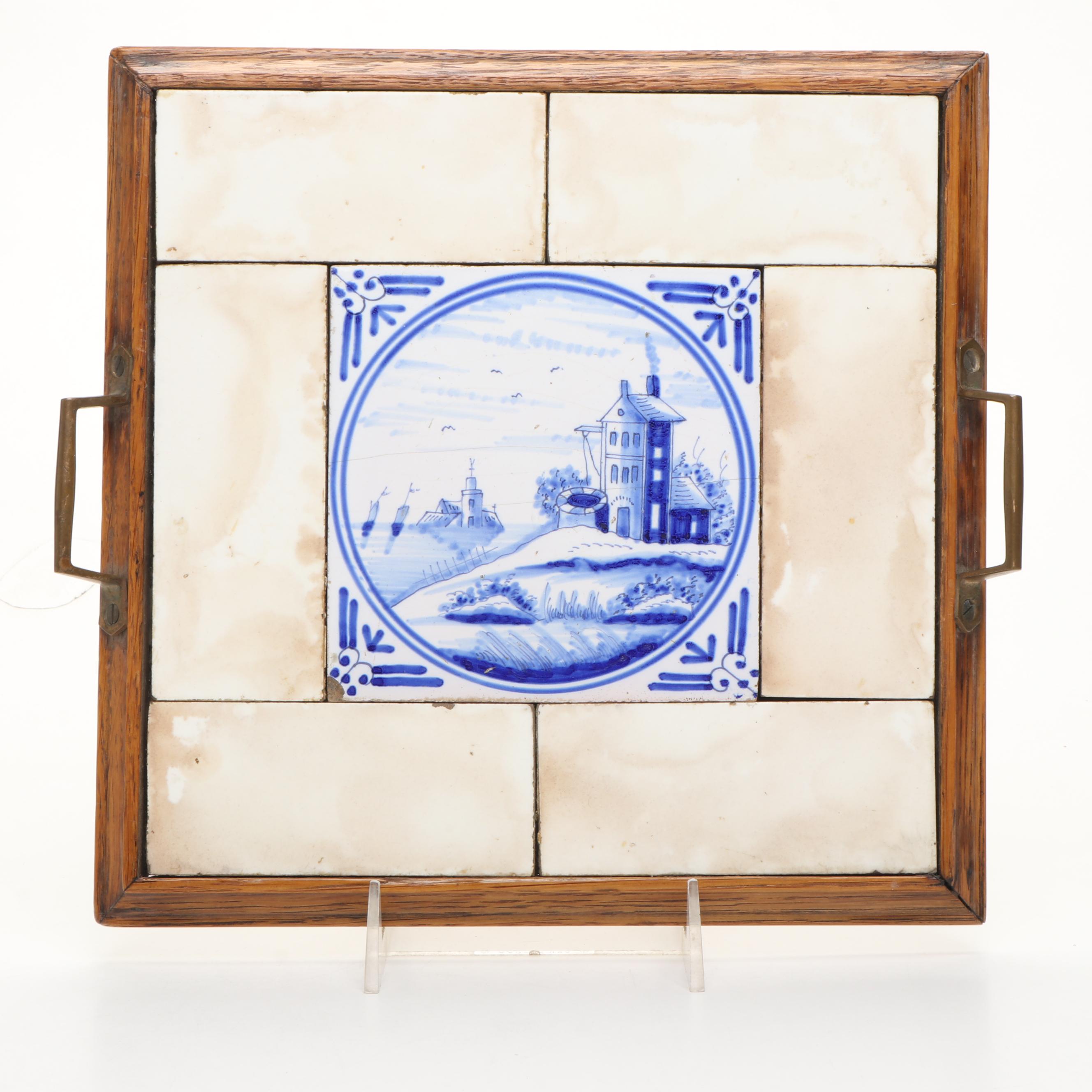 Delft Tile Wood Encased Tray with "Irises" after Van Gogh  Enameled Plaque