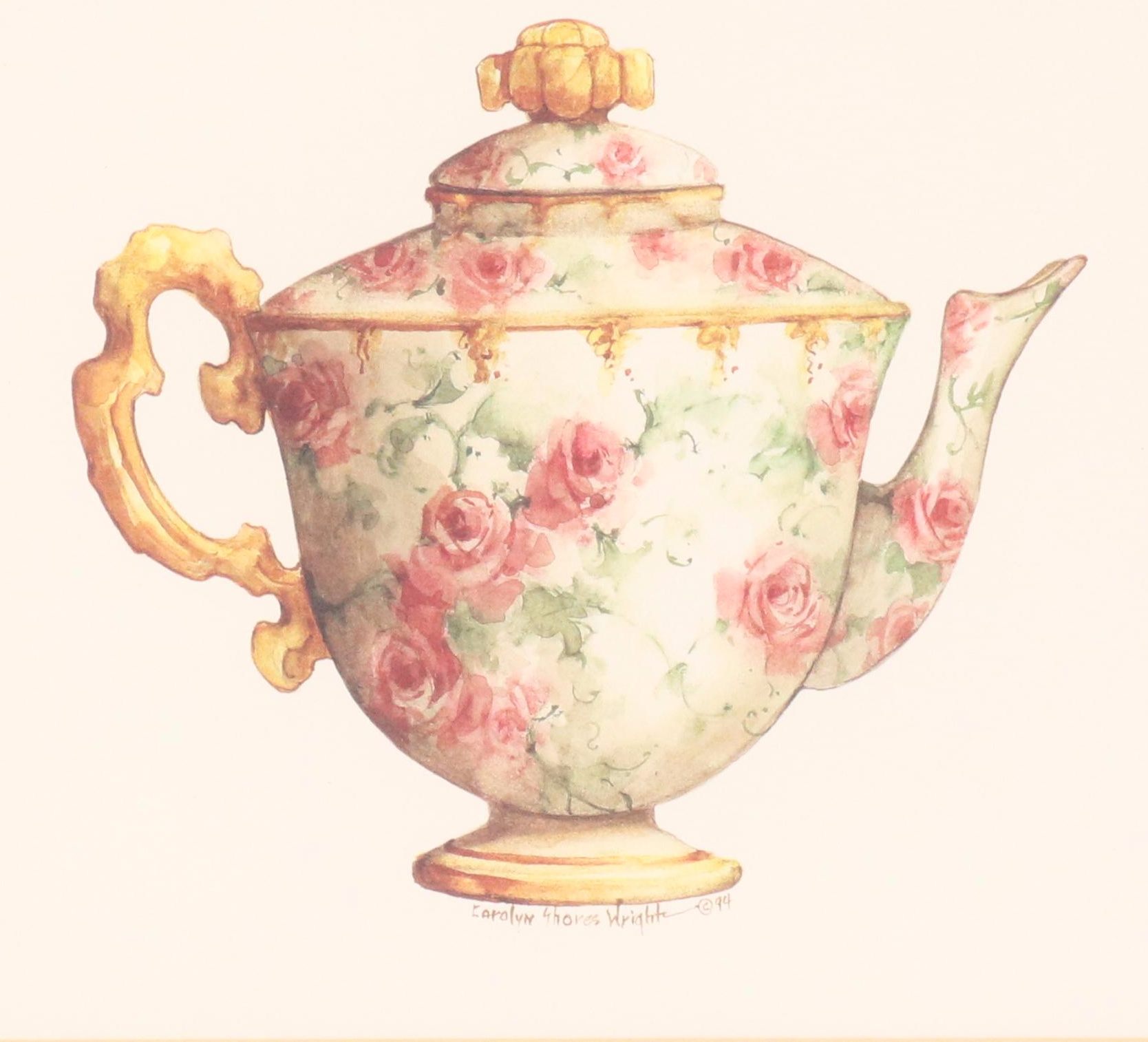 Offset Lithographs After Carolyn Shores Wright Teapot and Cups, Circa 1994