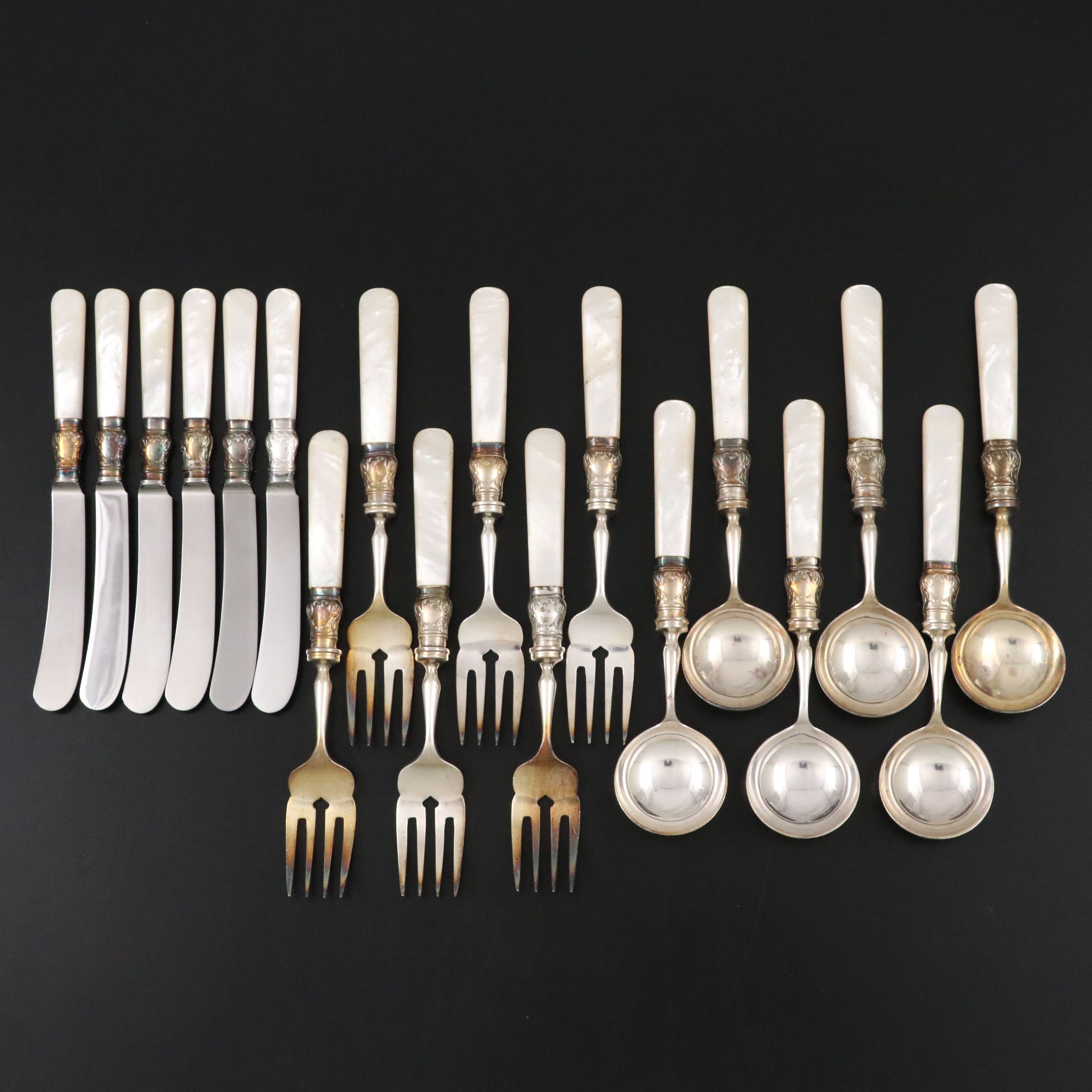 English Victorian Style Mother-of-Pearl and Silver Plate Handled Flatware