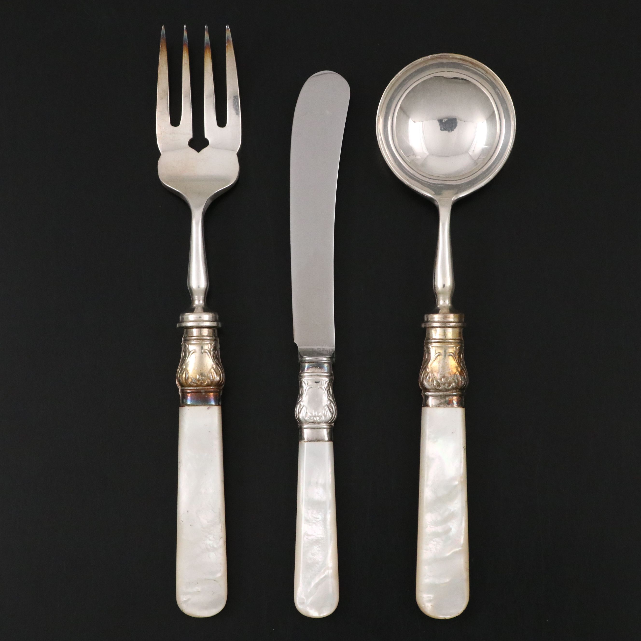 English Victorian Style Mother-of-Pearl and Silver Plate Handled Flatware