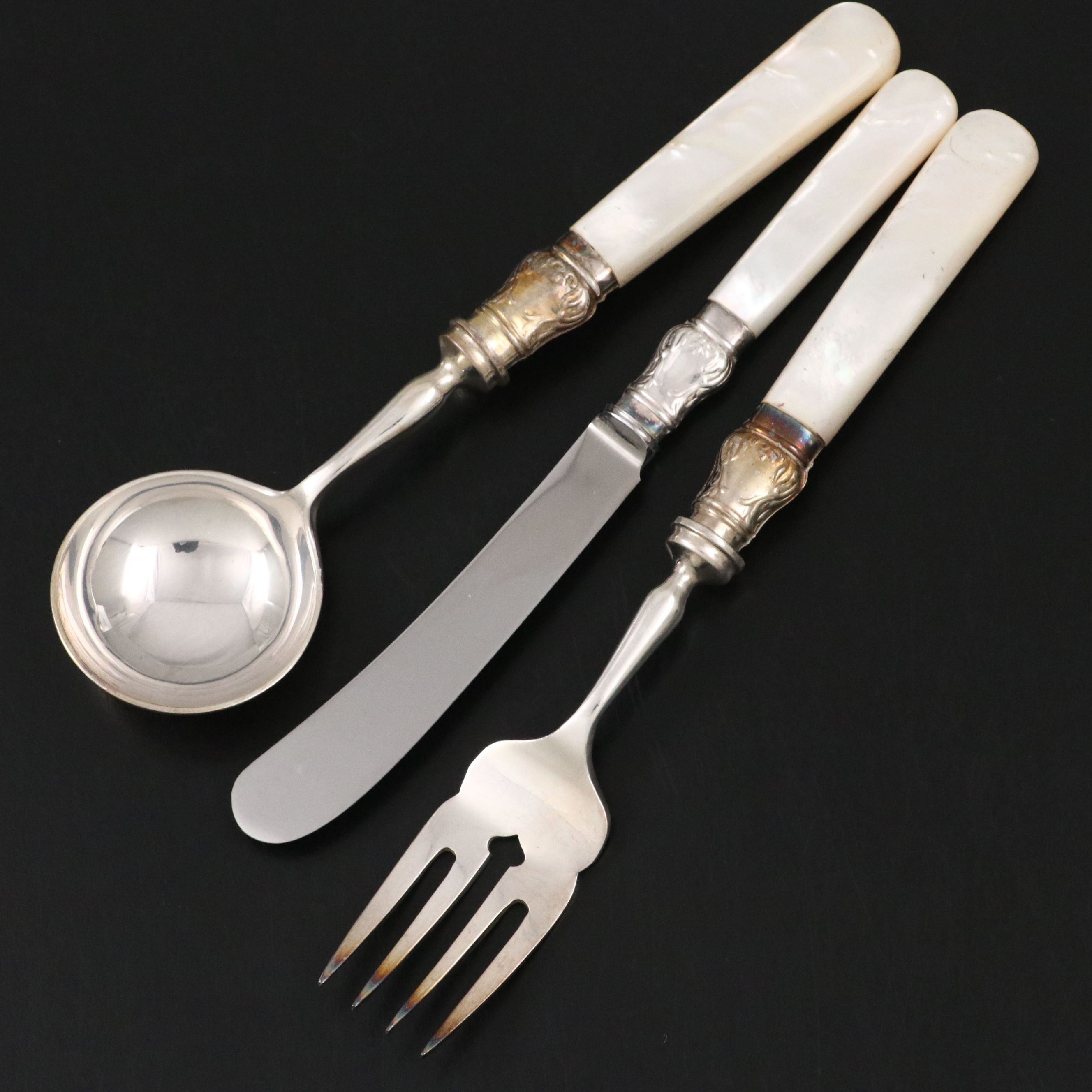English Victorian Style Mother-of-Pearl and Silver Plate Handled Flatware