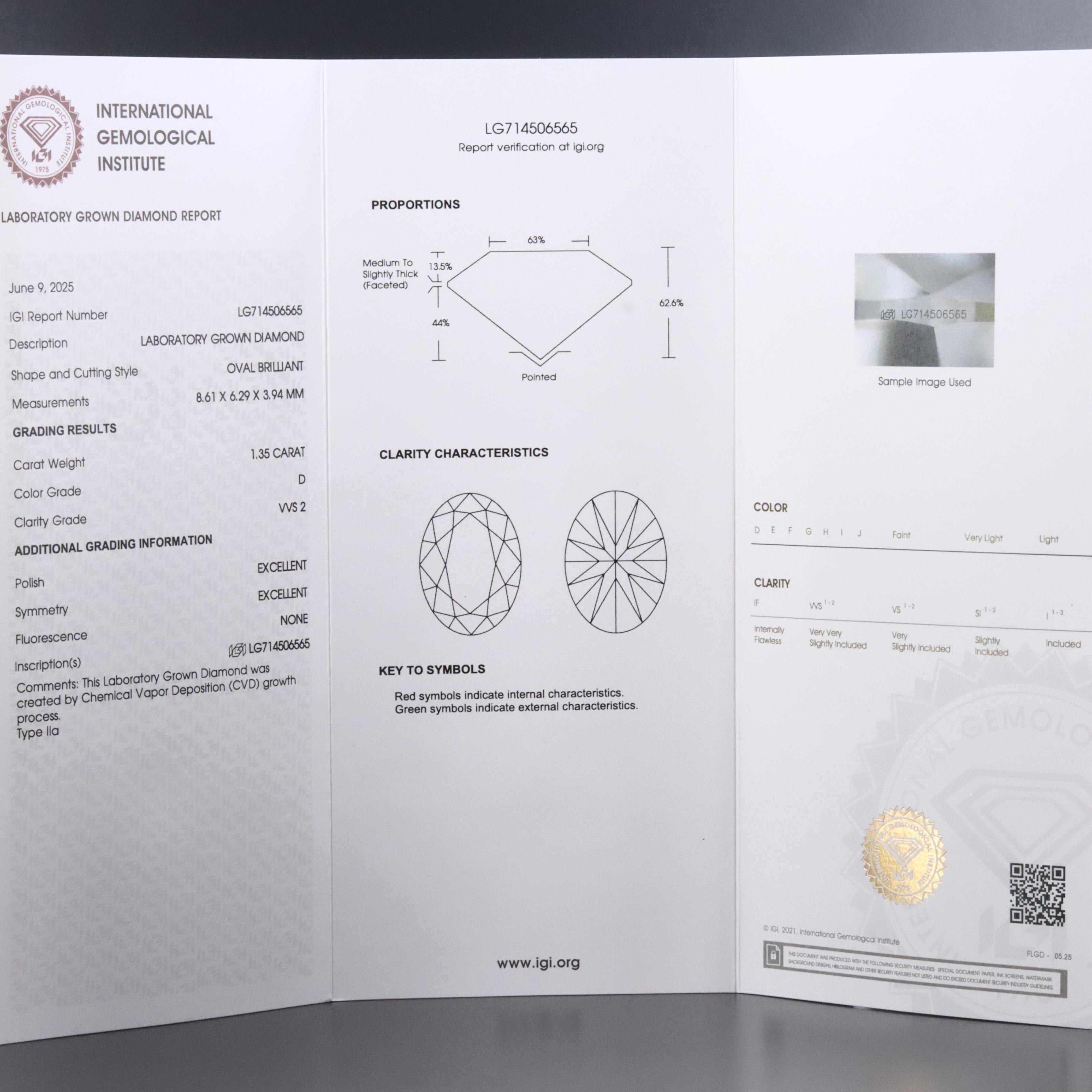 Loose 1.35 CT Lab Grown Diamond with IGI Report