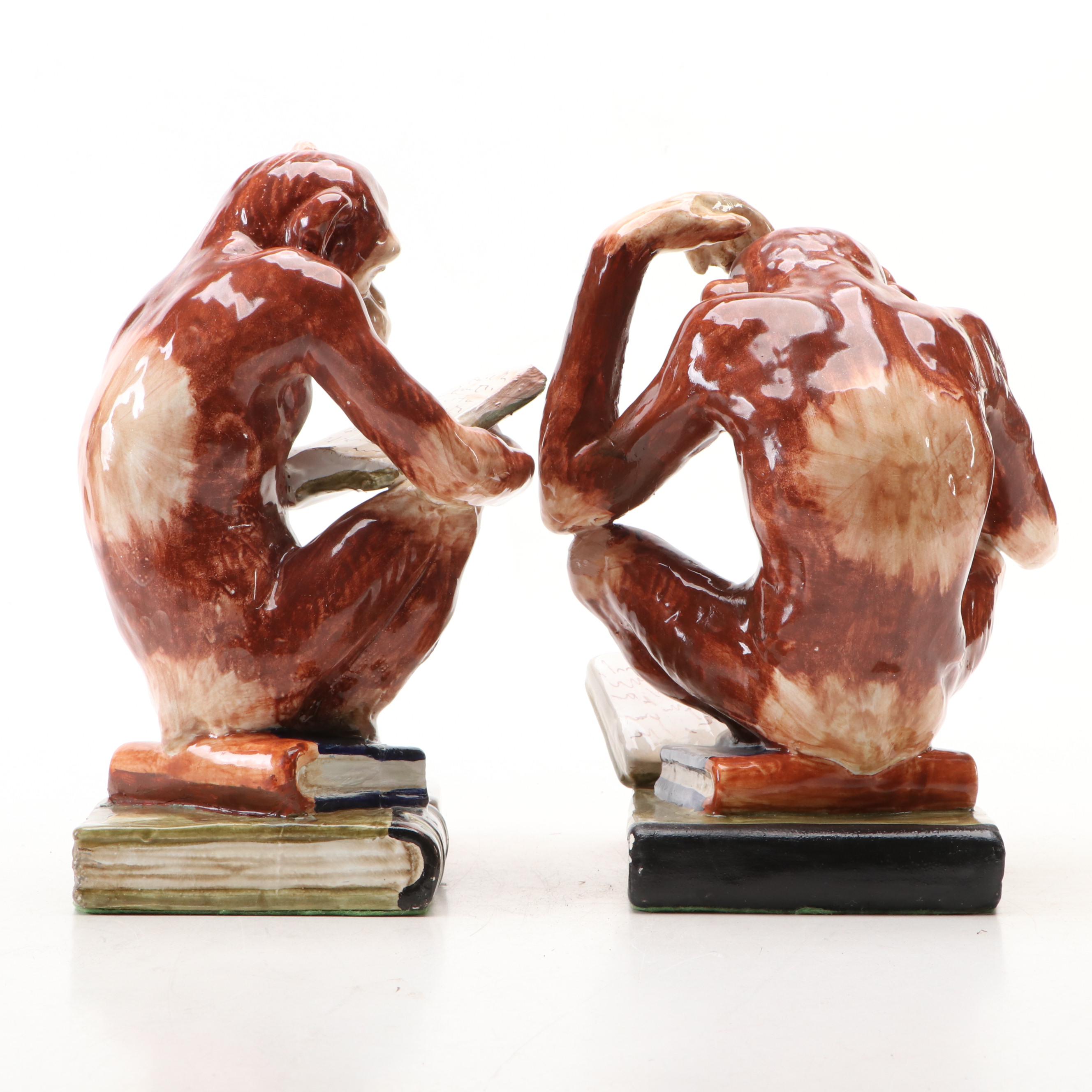 Italian Majolica Monkey Bookends, Mid to Late 20th Century