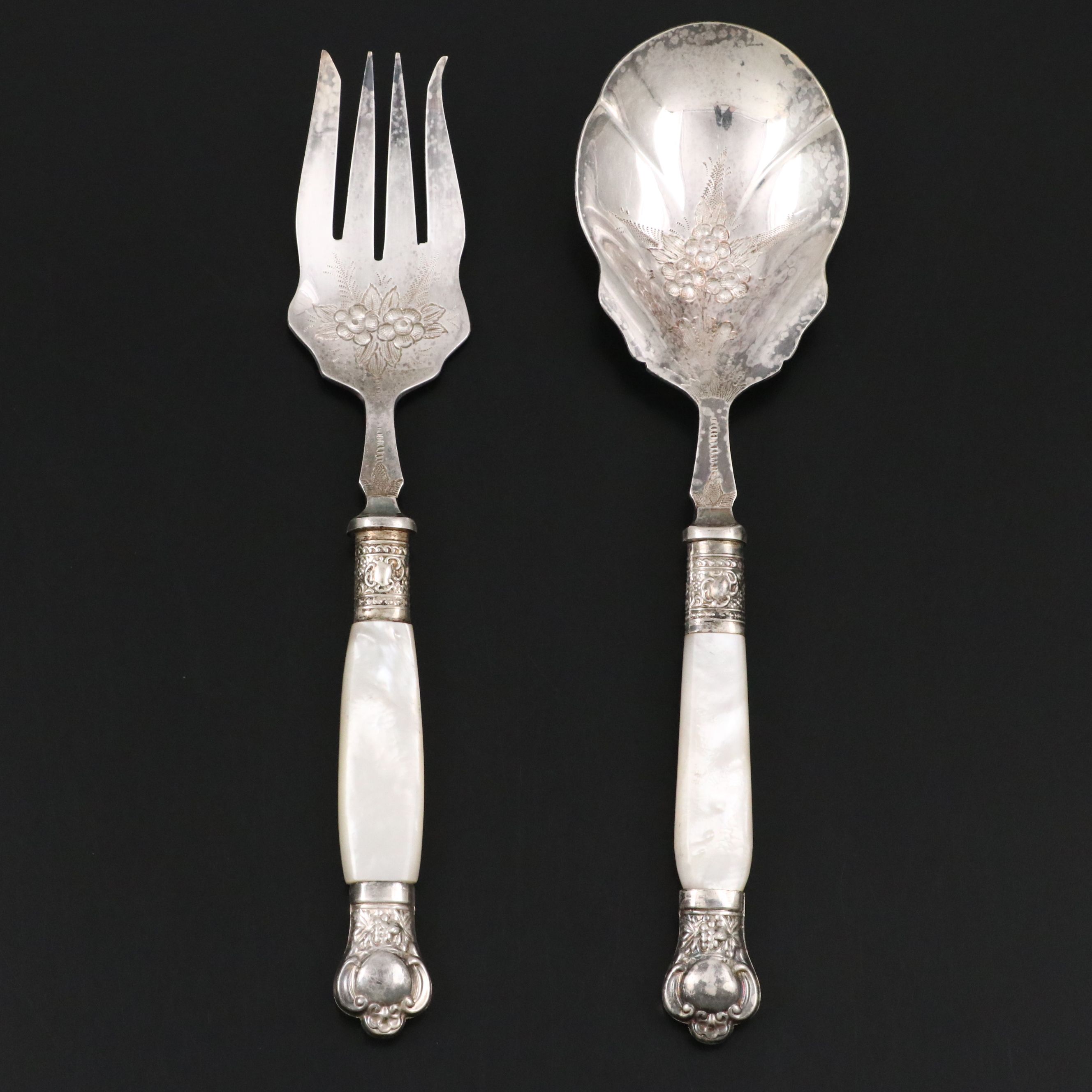 English Mother-of-Pearl and Silver Plate Serving Utensils