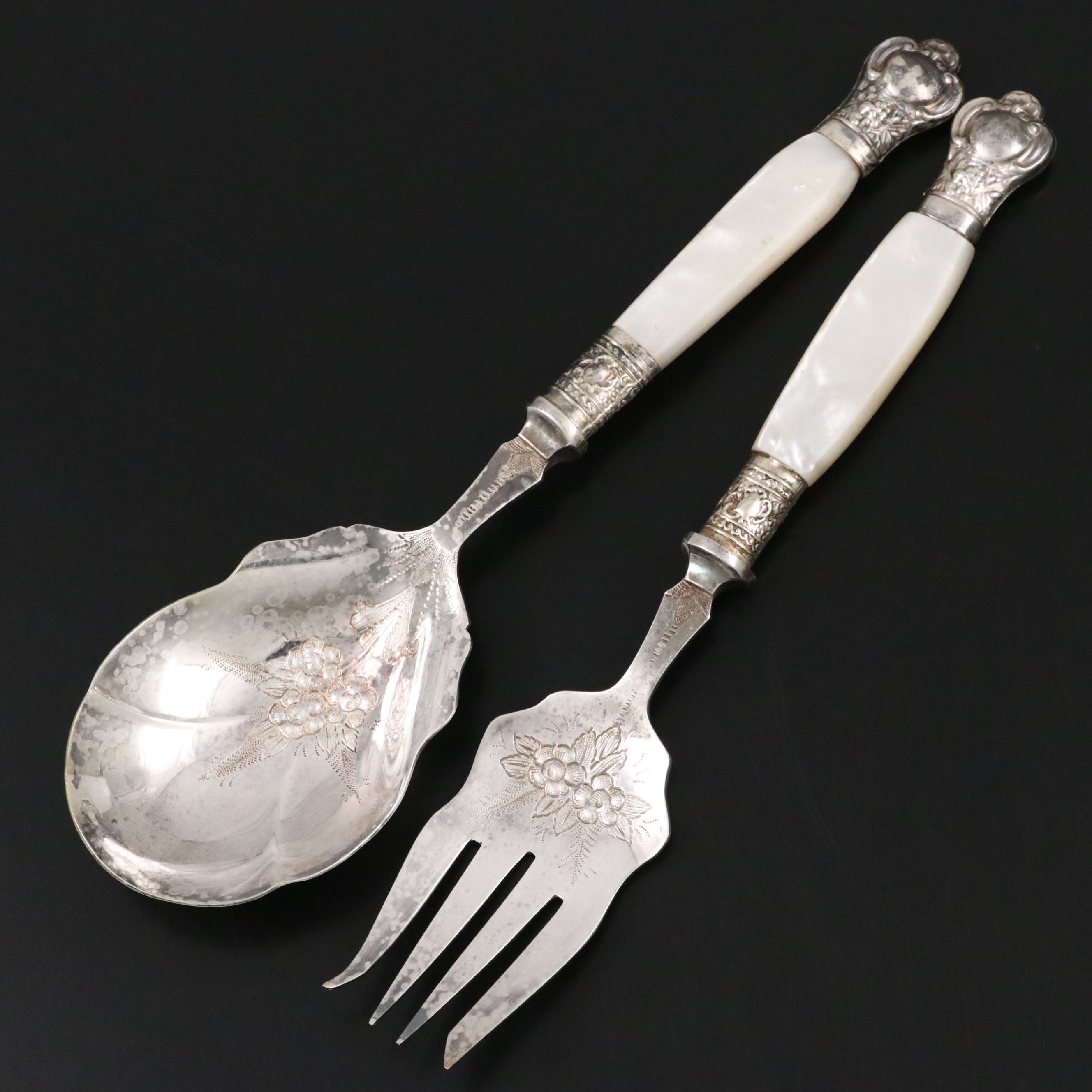 English Mother-of-Pearl and Silver Plate Serving Utensils