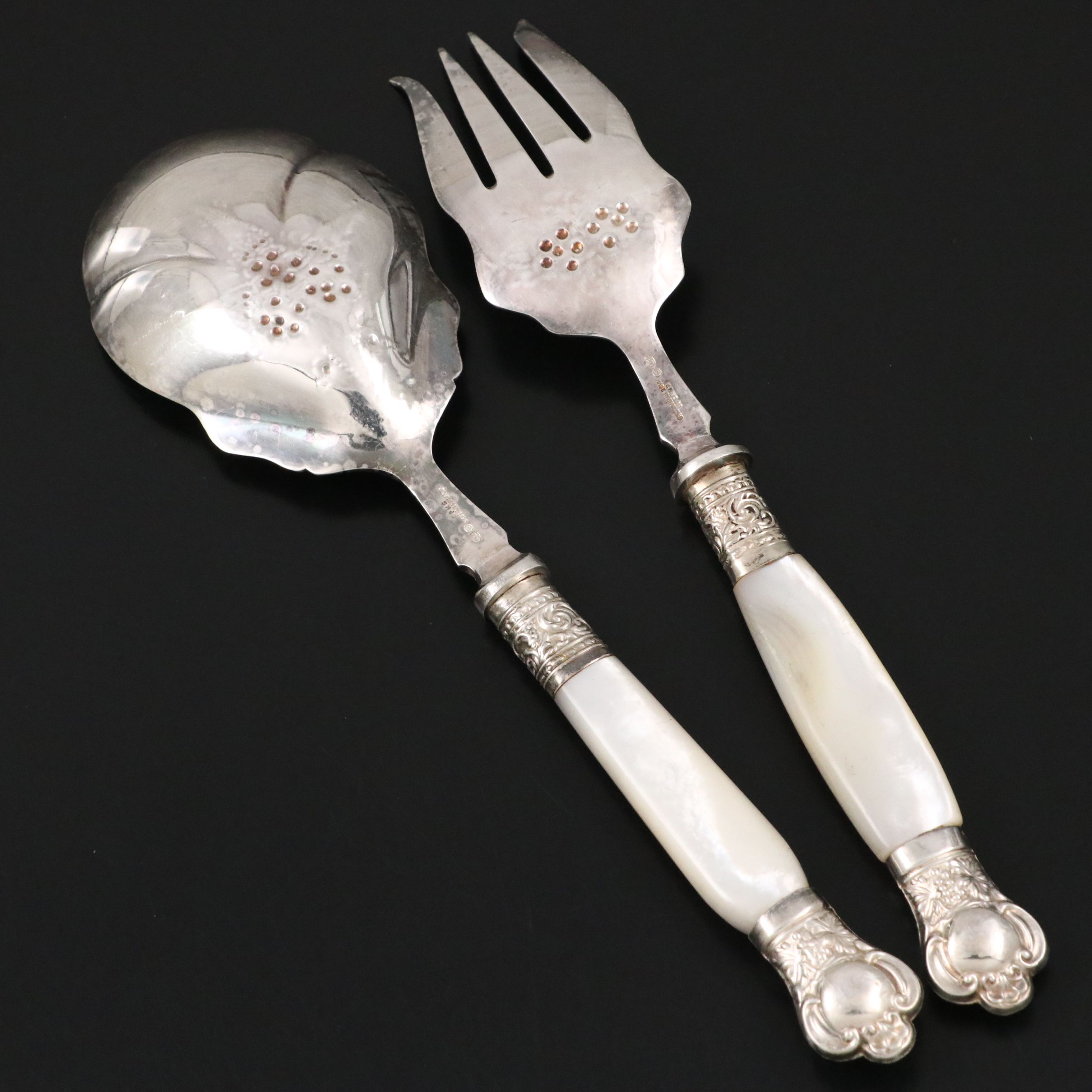 English Mother-of-Pearl and Silver Plate Serving Utensils