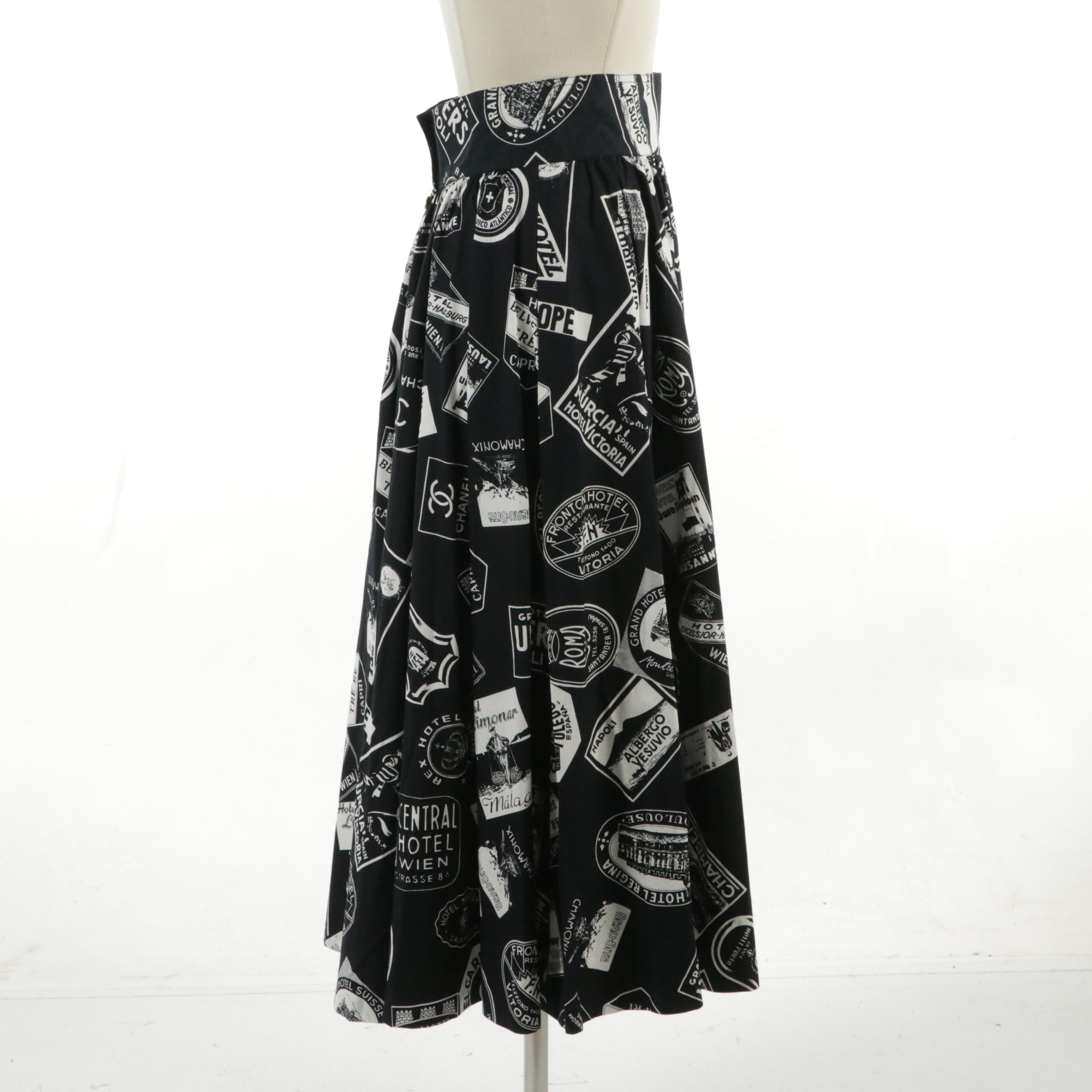 Chanel Runway Grand Hotel Cotton Print Button-Front Pleat Skirt in Black & White