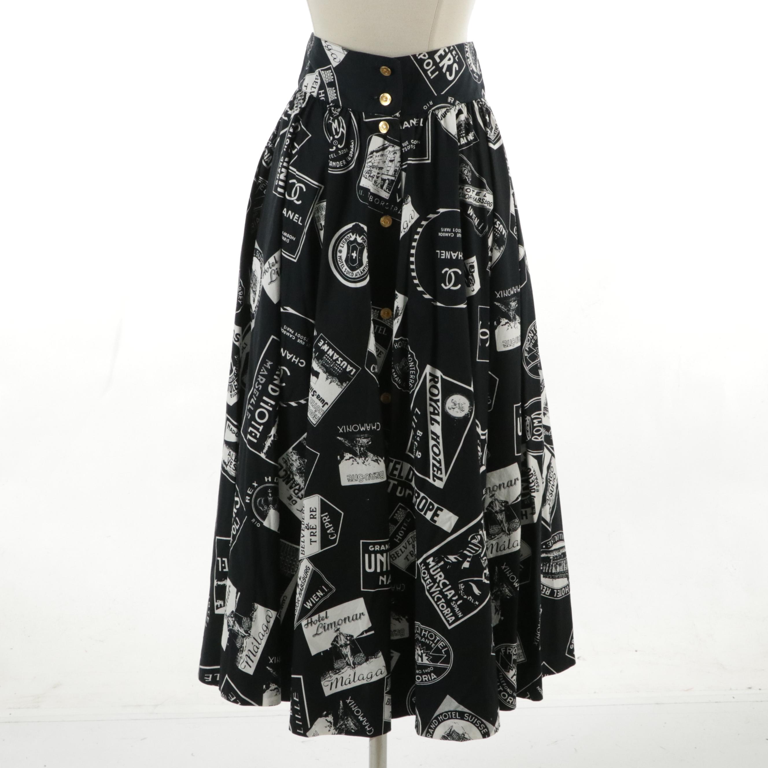 Chanel Runway Grand Hotel Cotton Print Button-Front Pleat Skirt in Black & White