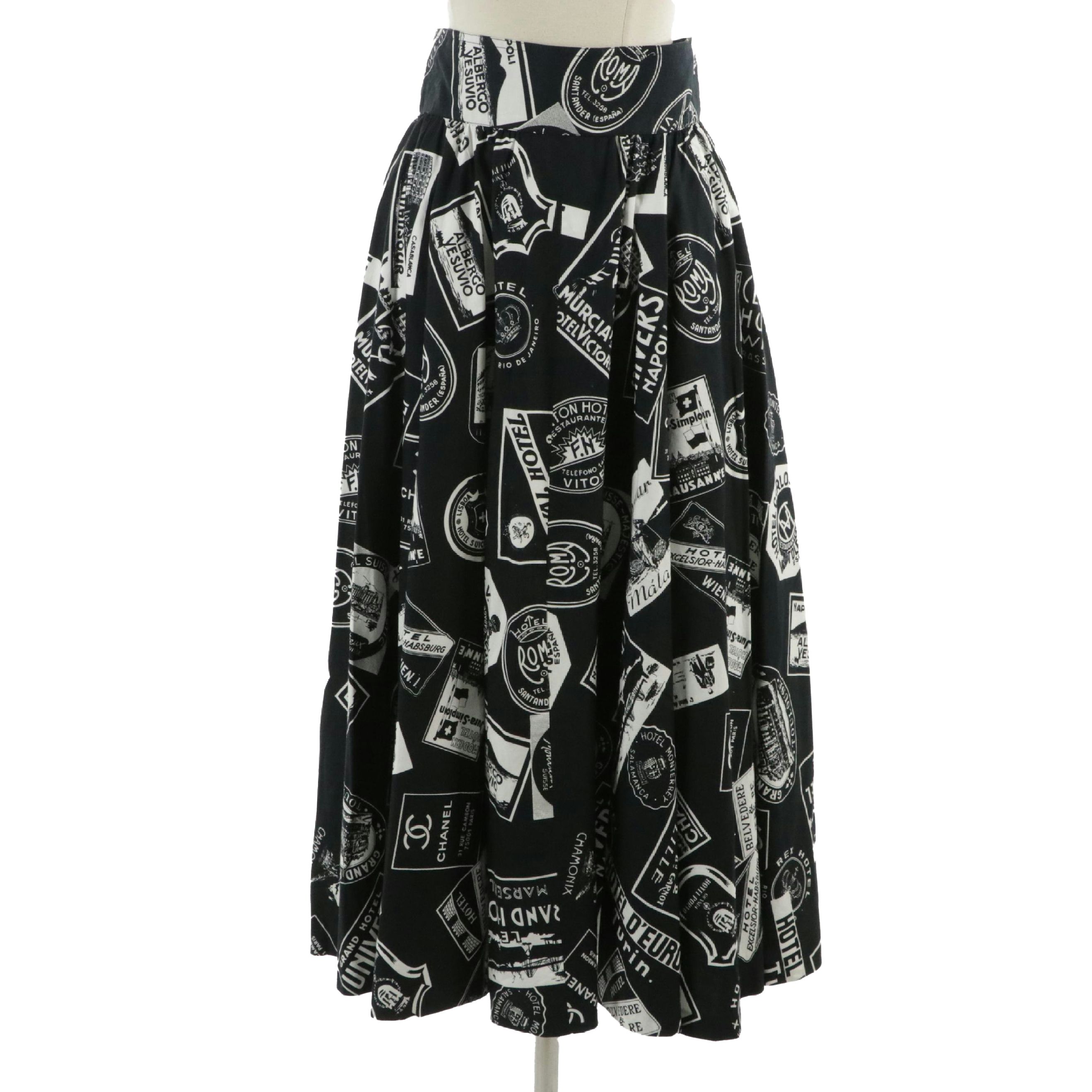 Chanel Runway Grand Hotel Cotton Print Button-Front Pleat Skirt in Black & White