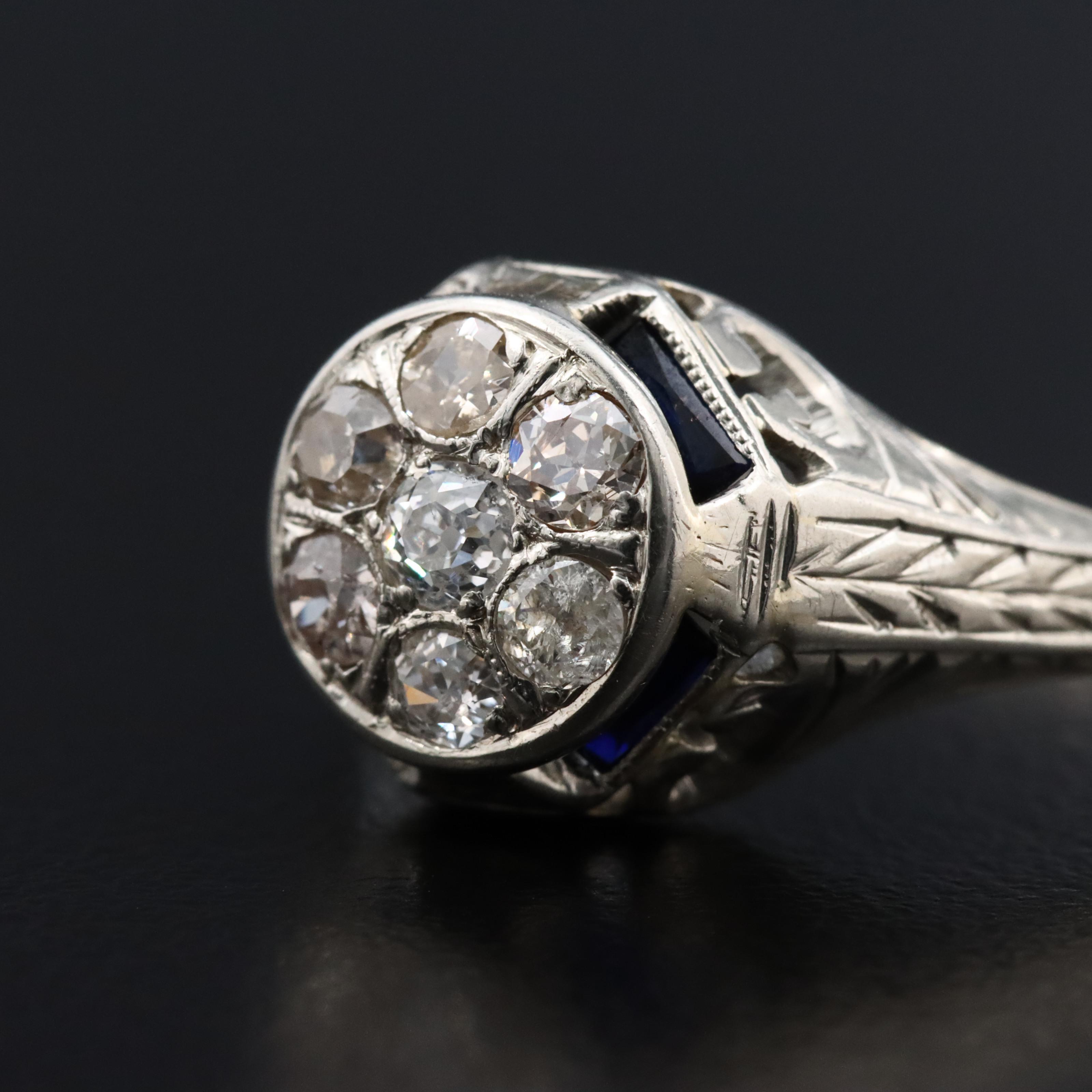 1930s Deco 18K Diamond and Sapphire Ring