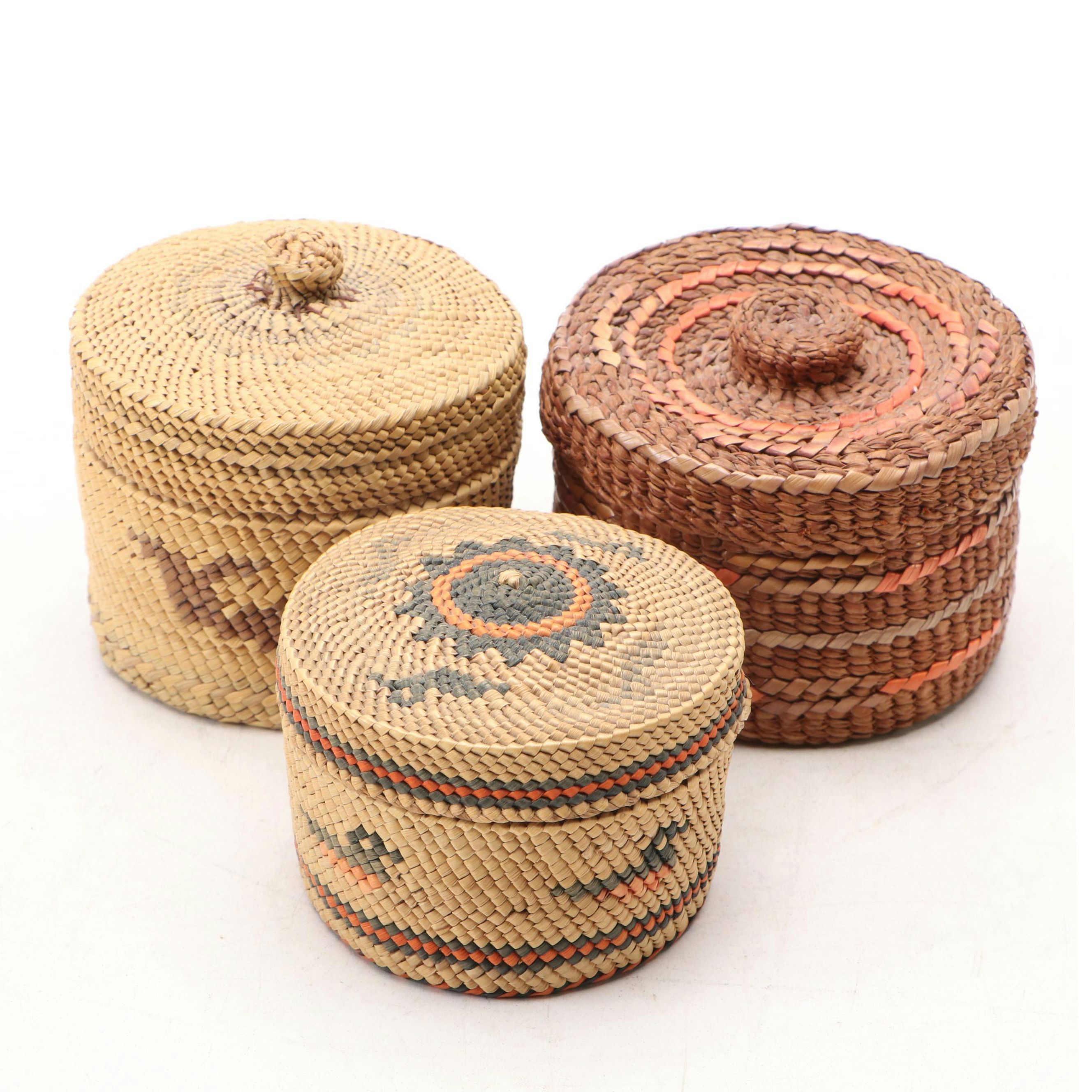 Pacific Northwest Coast Native Peoples Woven Small Covered Baskets