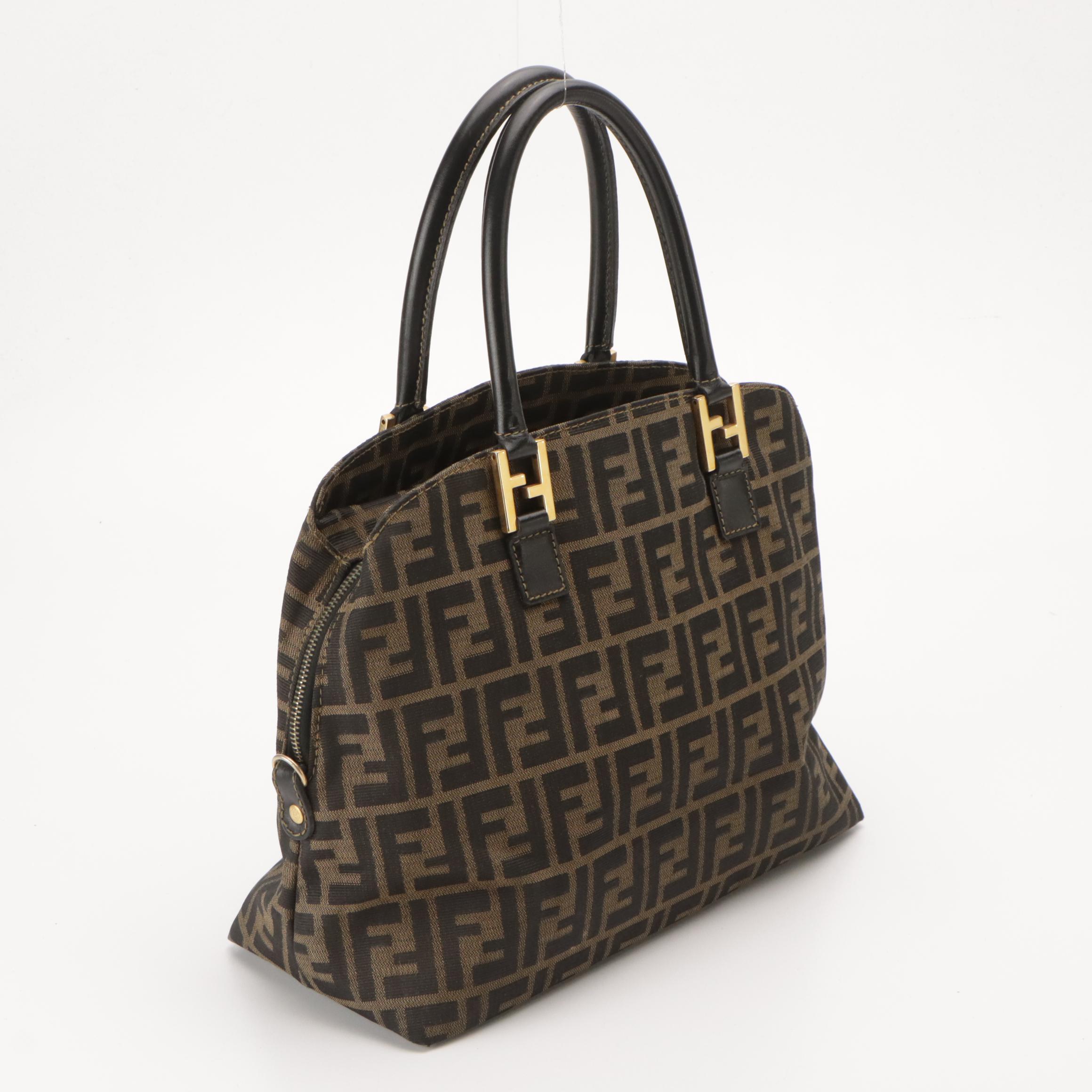 Fendi Middle Zip Dome Handbag Tote in Zucca Jacquard Canvas and Leather