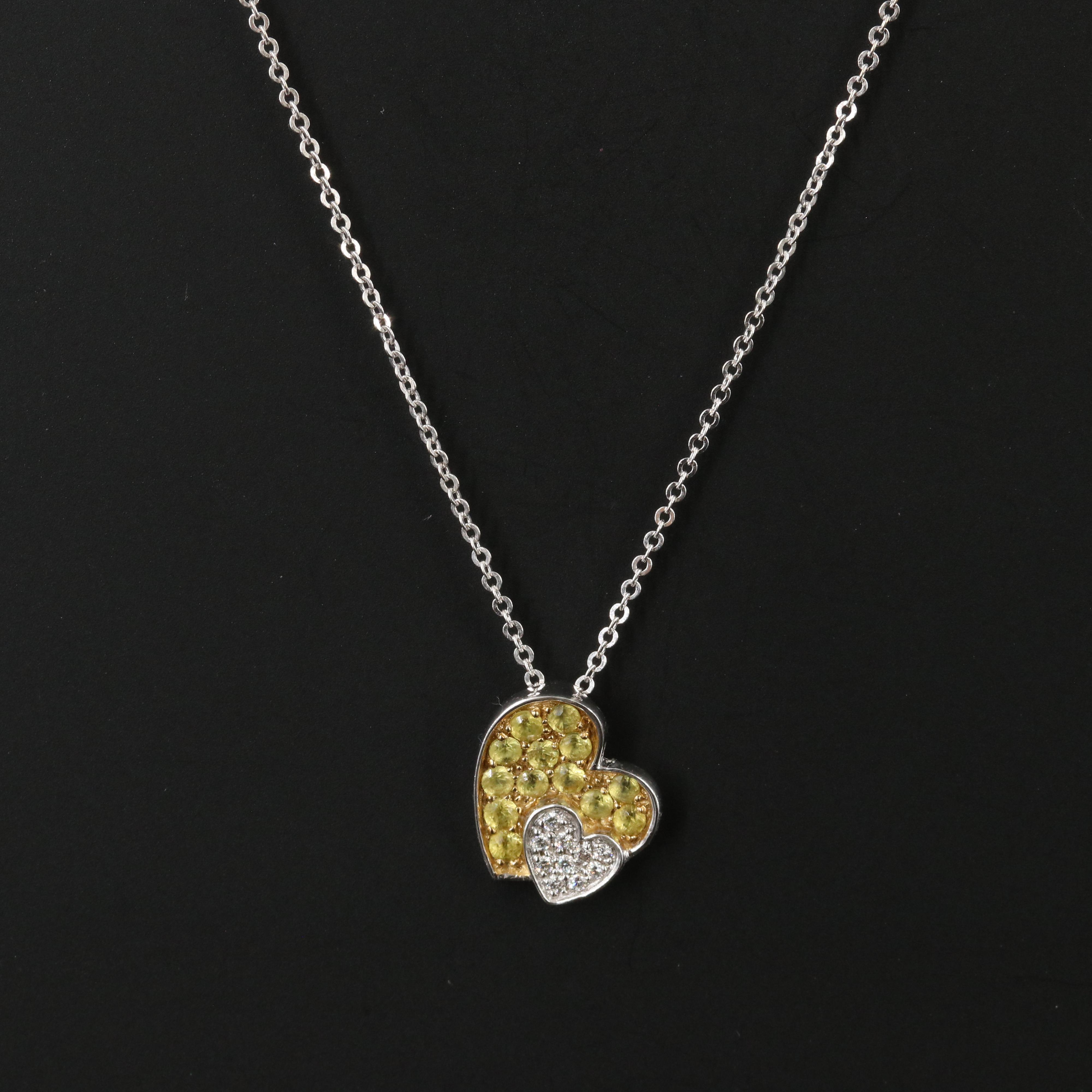 14K Yellow Sapphire and Diamond Pave Heart Pendant Necklace