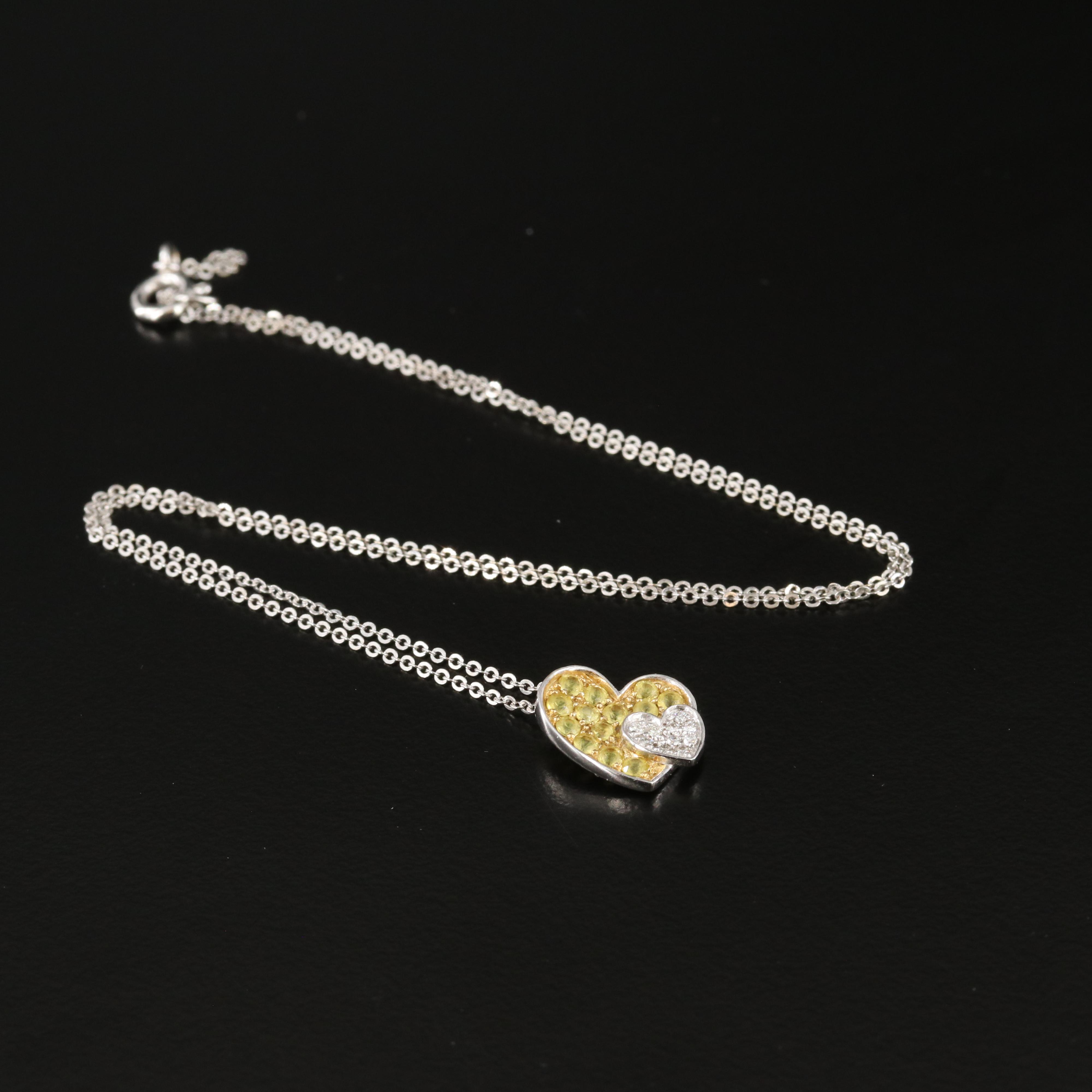14K Yellow Sapphire and Diamond Pave Heart Pendant Necklace