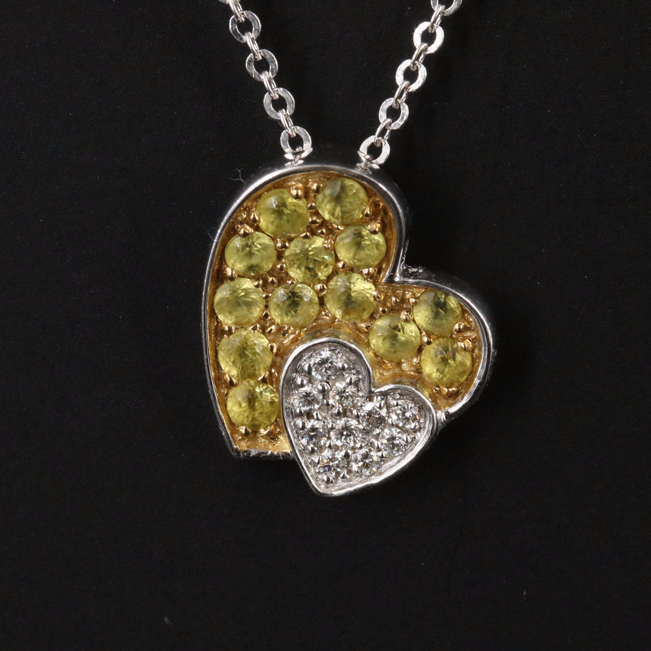 14K Yellow Sapphire and Diamond Pave Heart Pendant Necklace