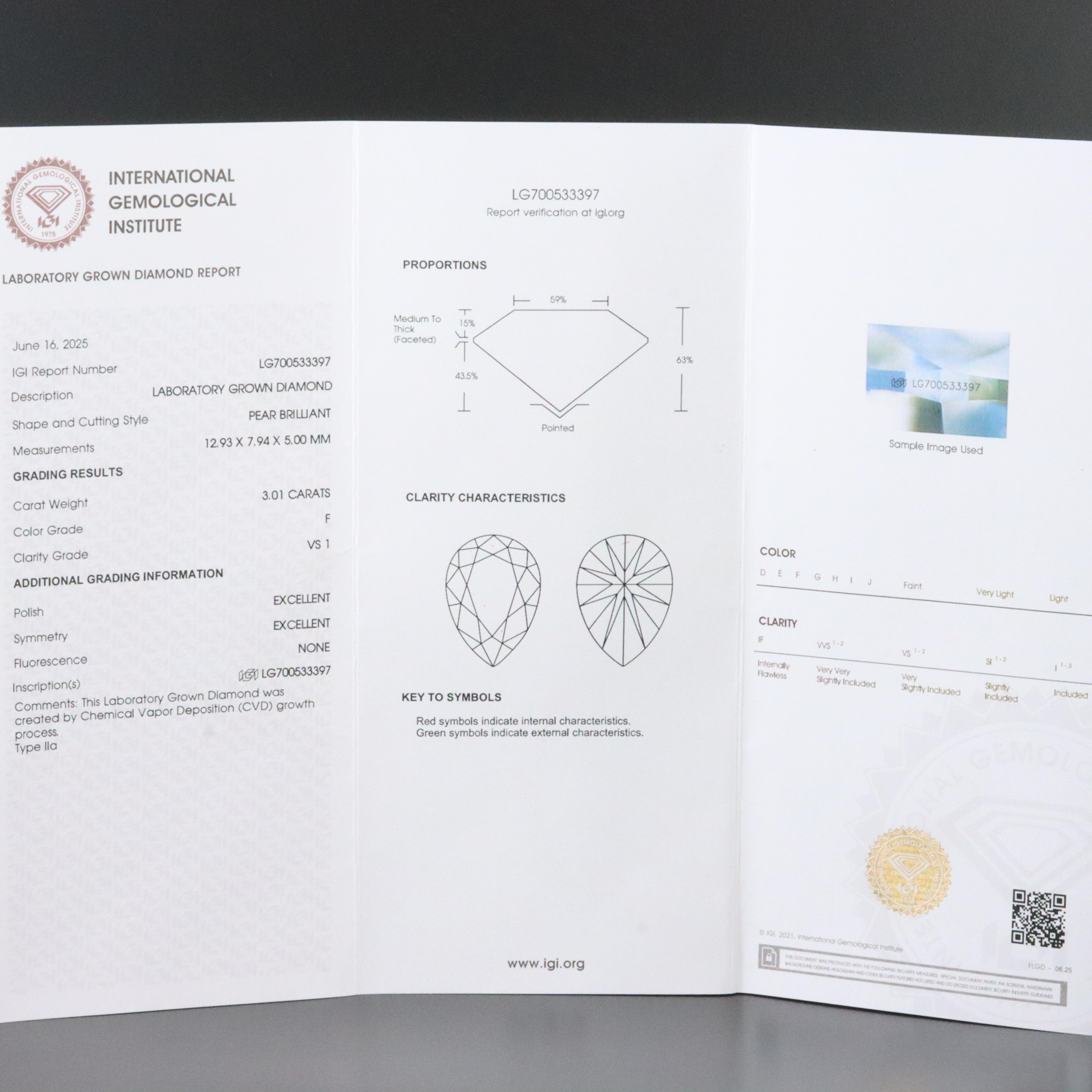 14K 3.01 CT Lab Grown Diamond Solitaire Pendant with IGI Report