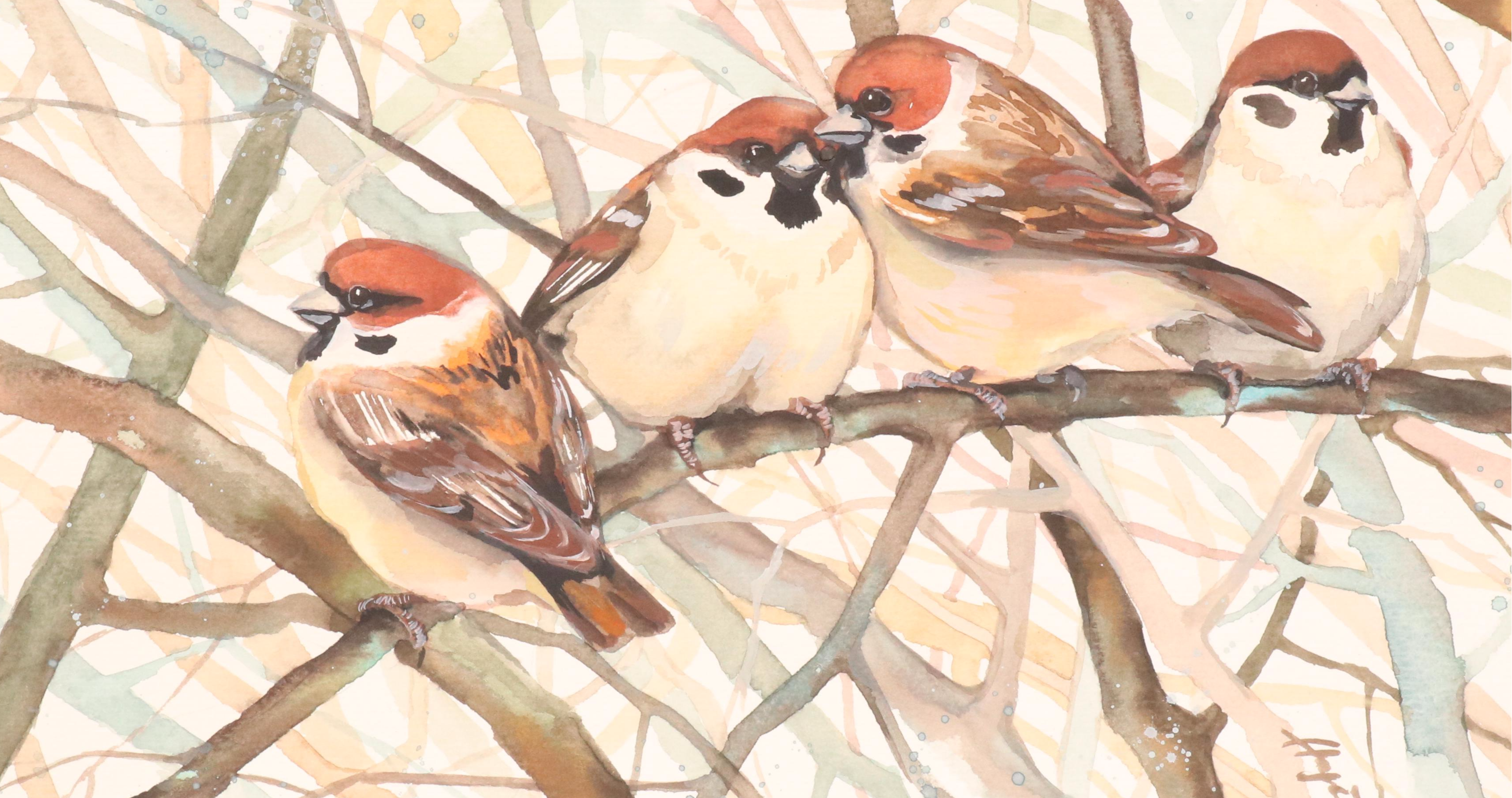 Anne Gorywine Watercolor Painting of Sparrows, 2025