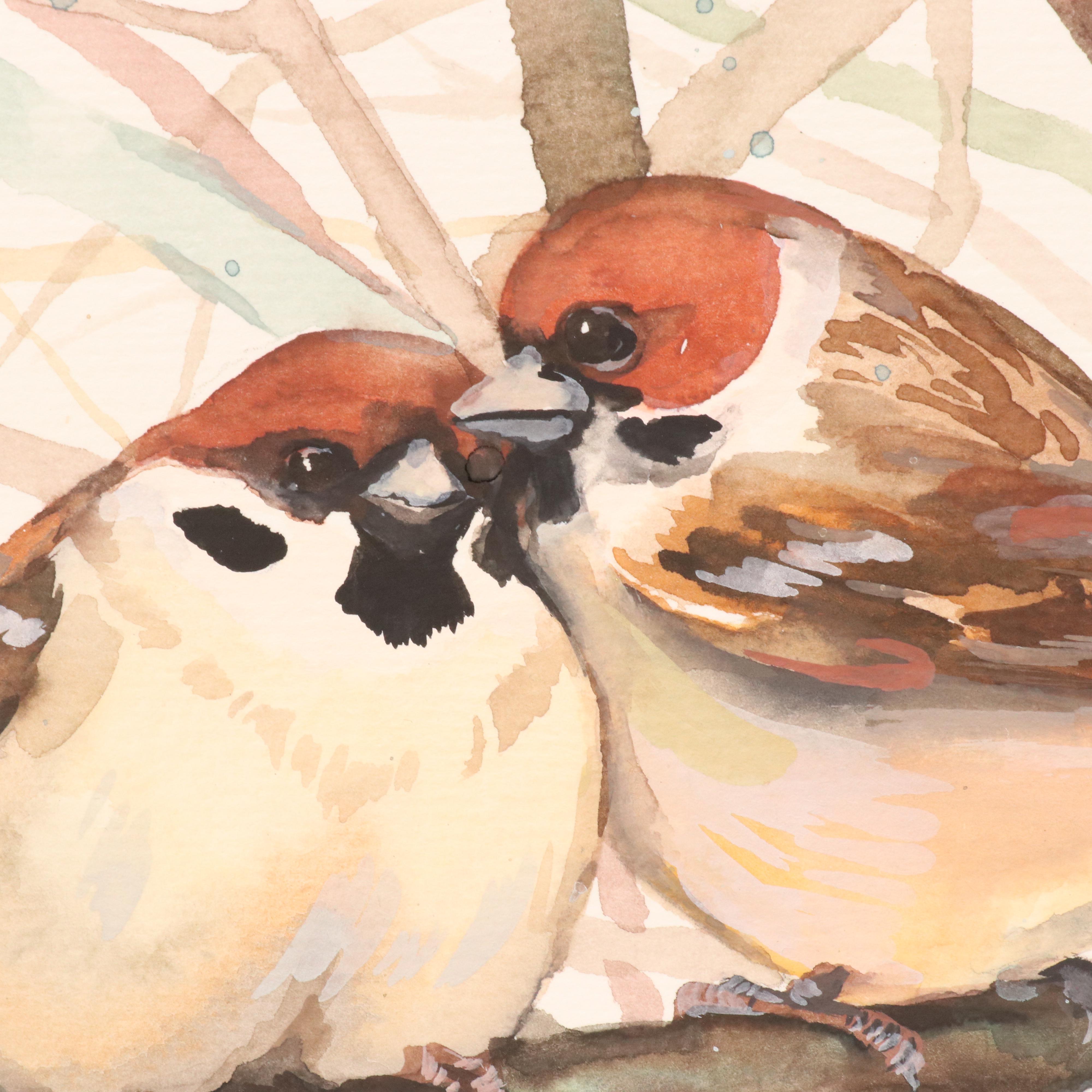 Anne Gorywine Watercolor Painting of Sparrows, 2025