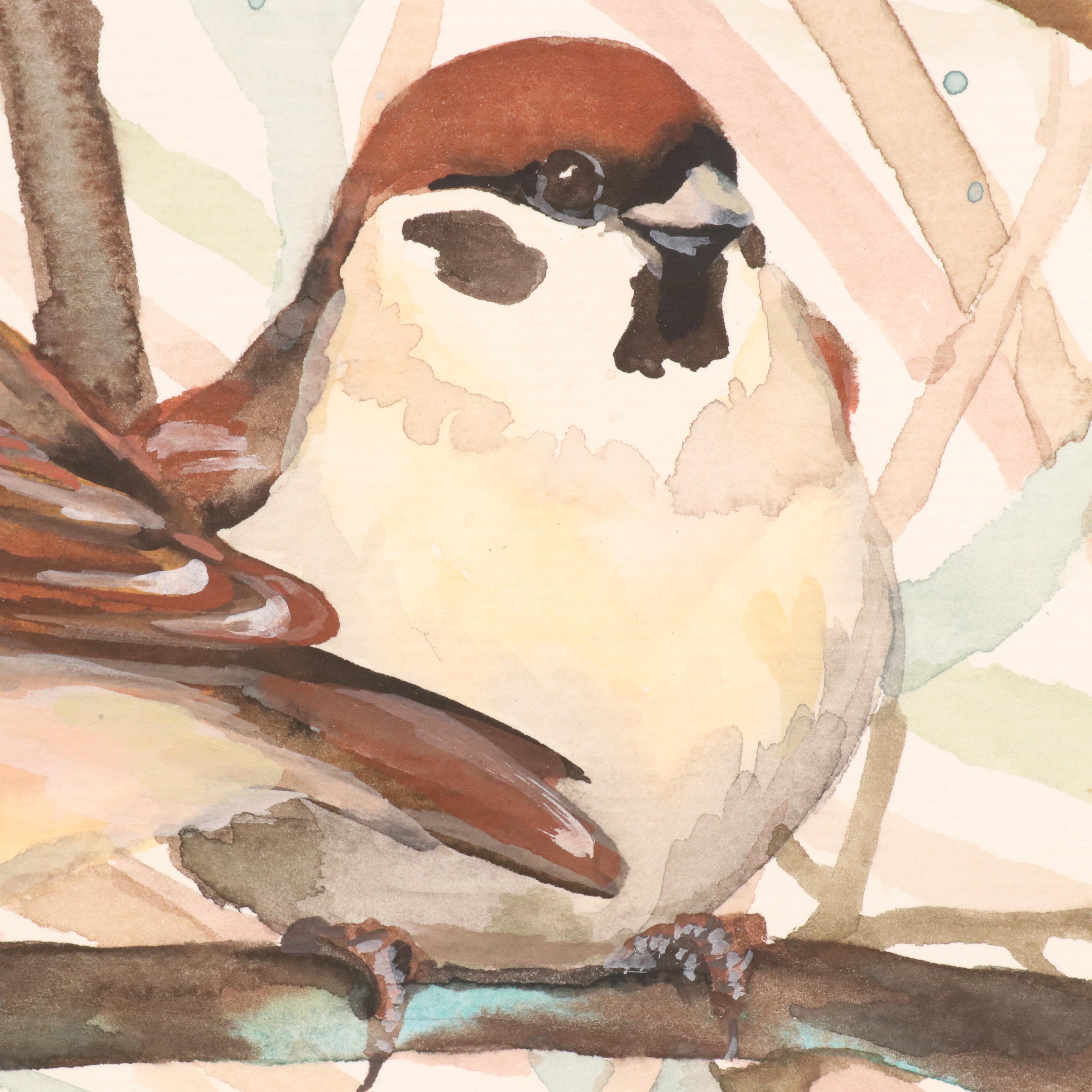 Anne Gorywine Watercolor Painting of Sparrows, 2025