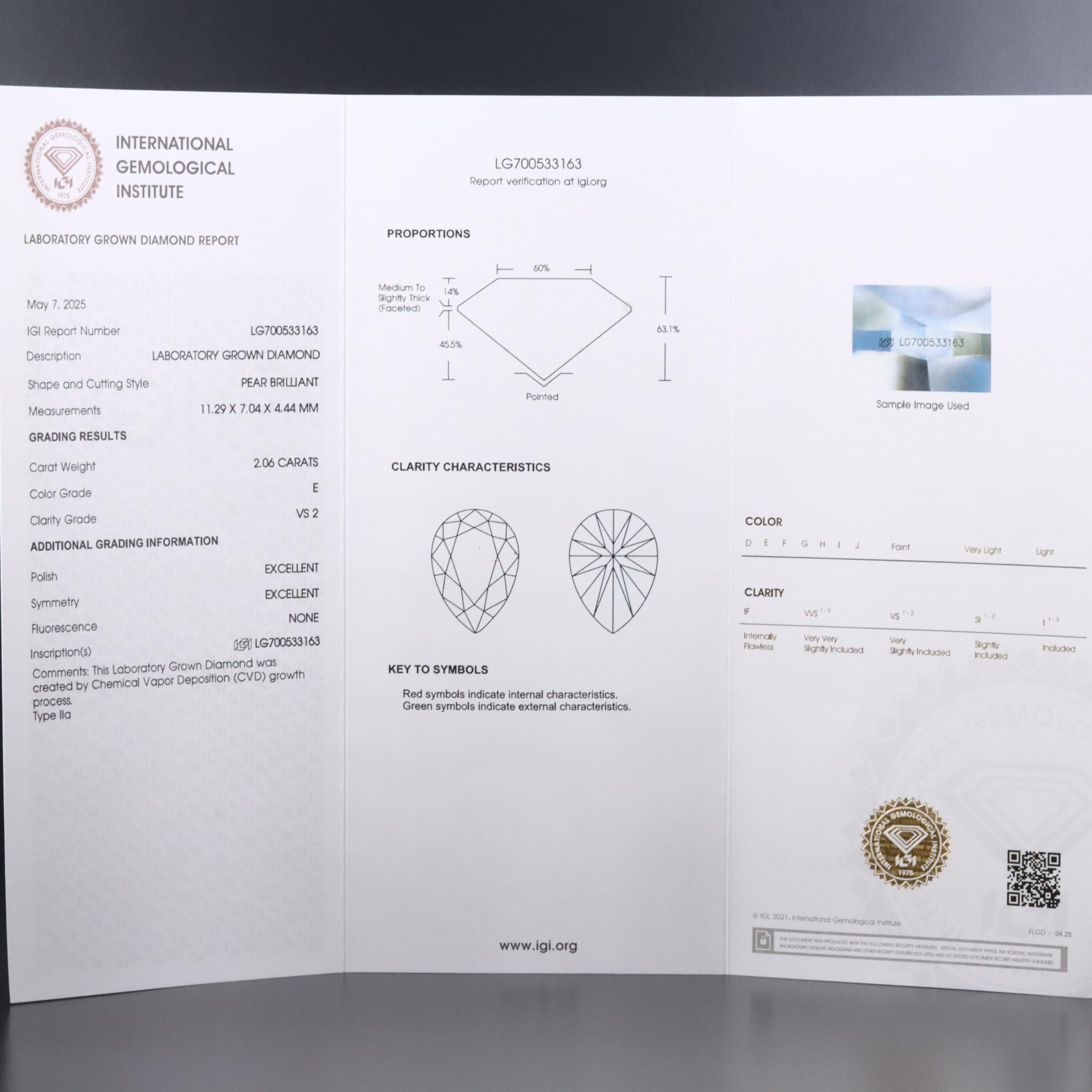 14K 2.06 CT Lab Grown Diamond Solitaire Pendant with IGI Report