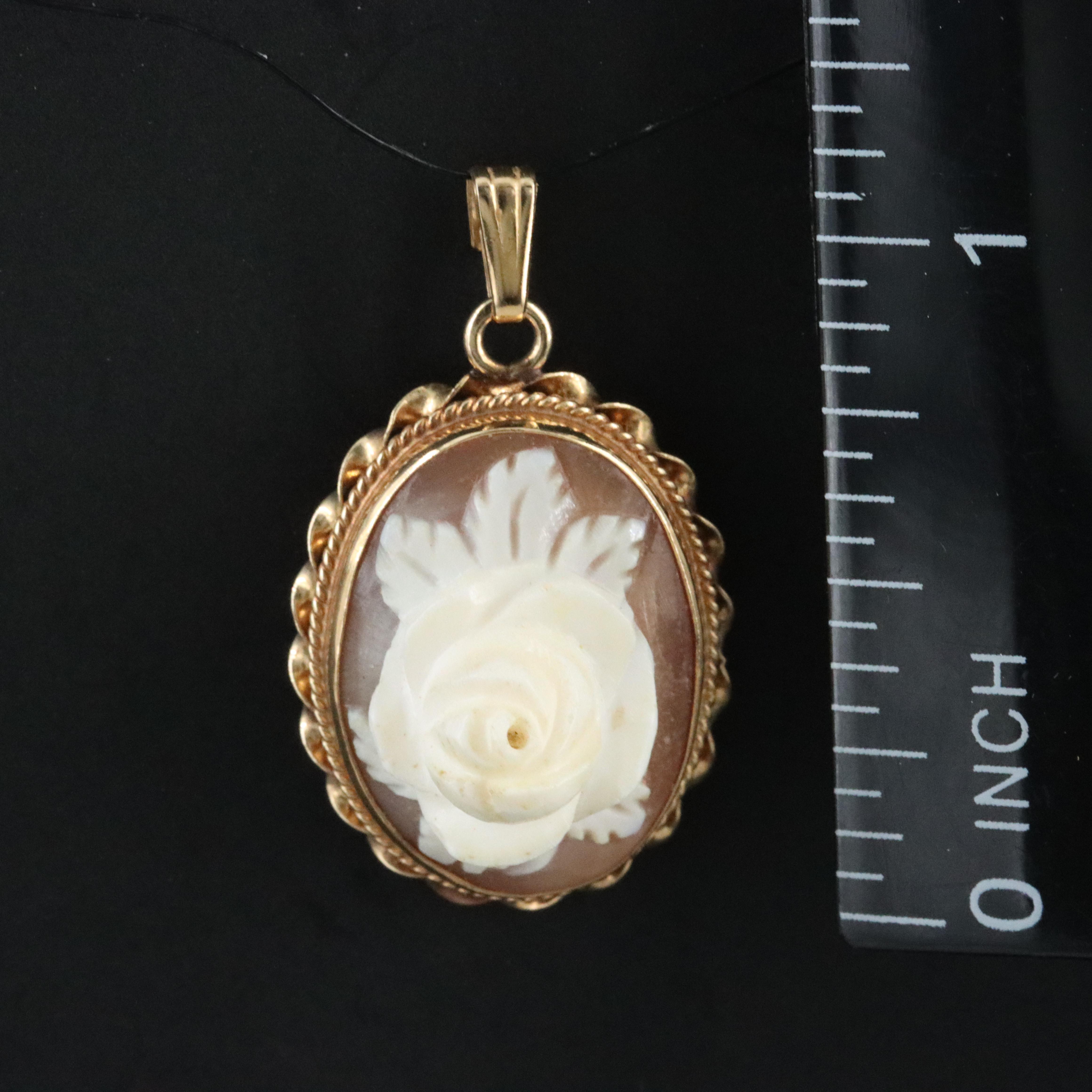 14K High Relief Shell Rose Cameo Pendant