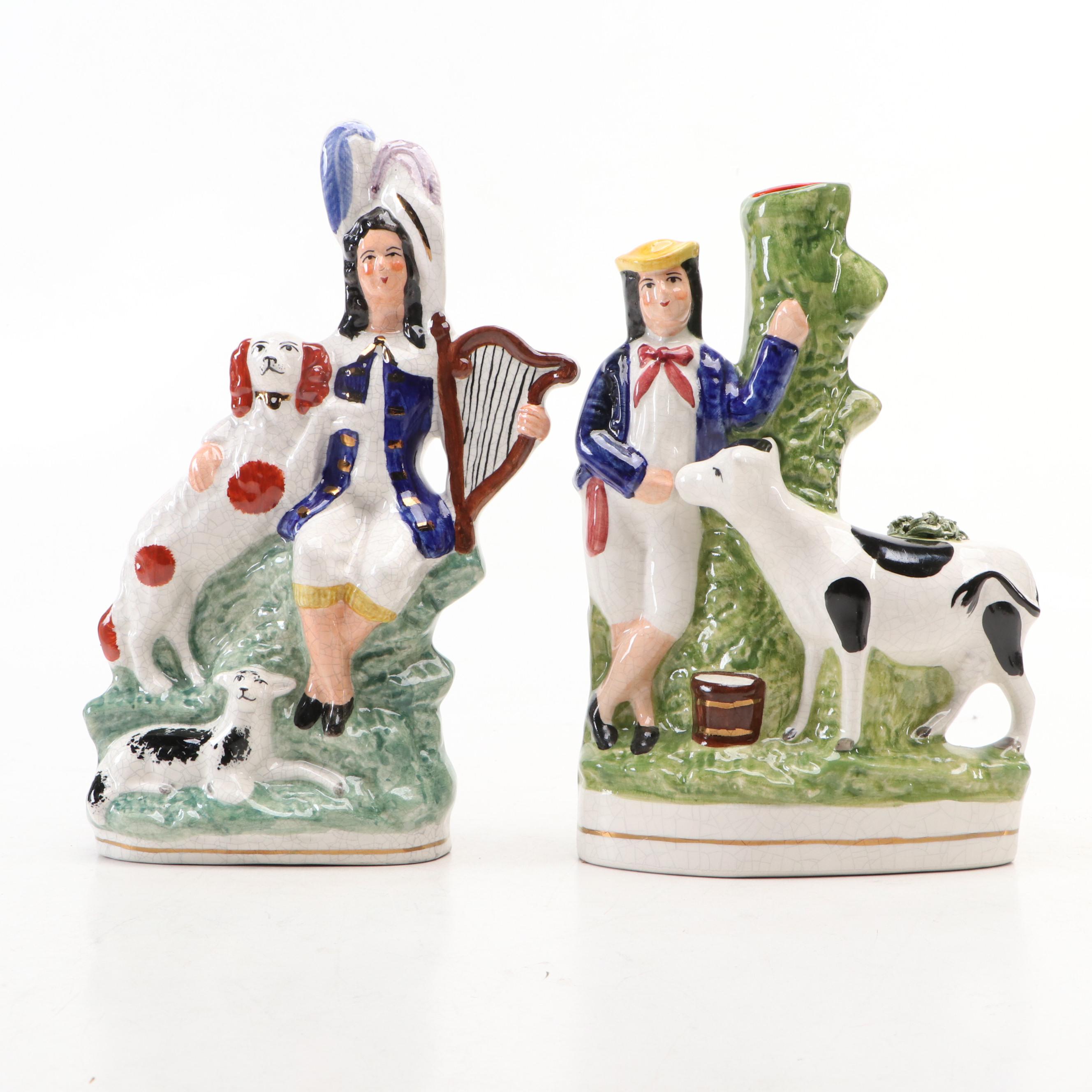 Staffordshire Flat Back Figurine and Spill Vase, Mid to Late 20th Century