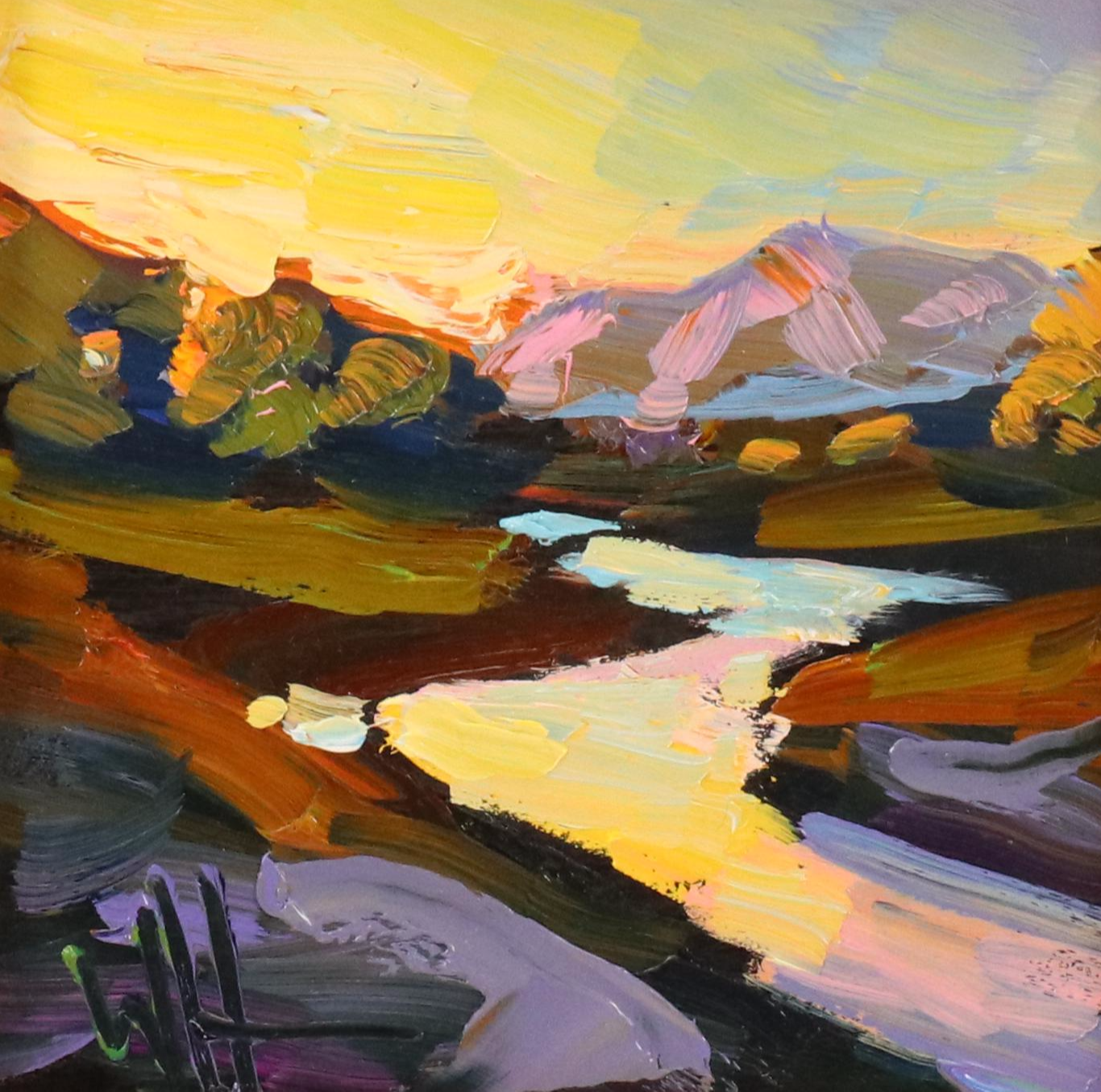 William Hawkins Oil Painting of Sunset Mountain Landscape, 21st Century
