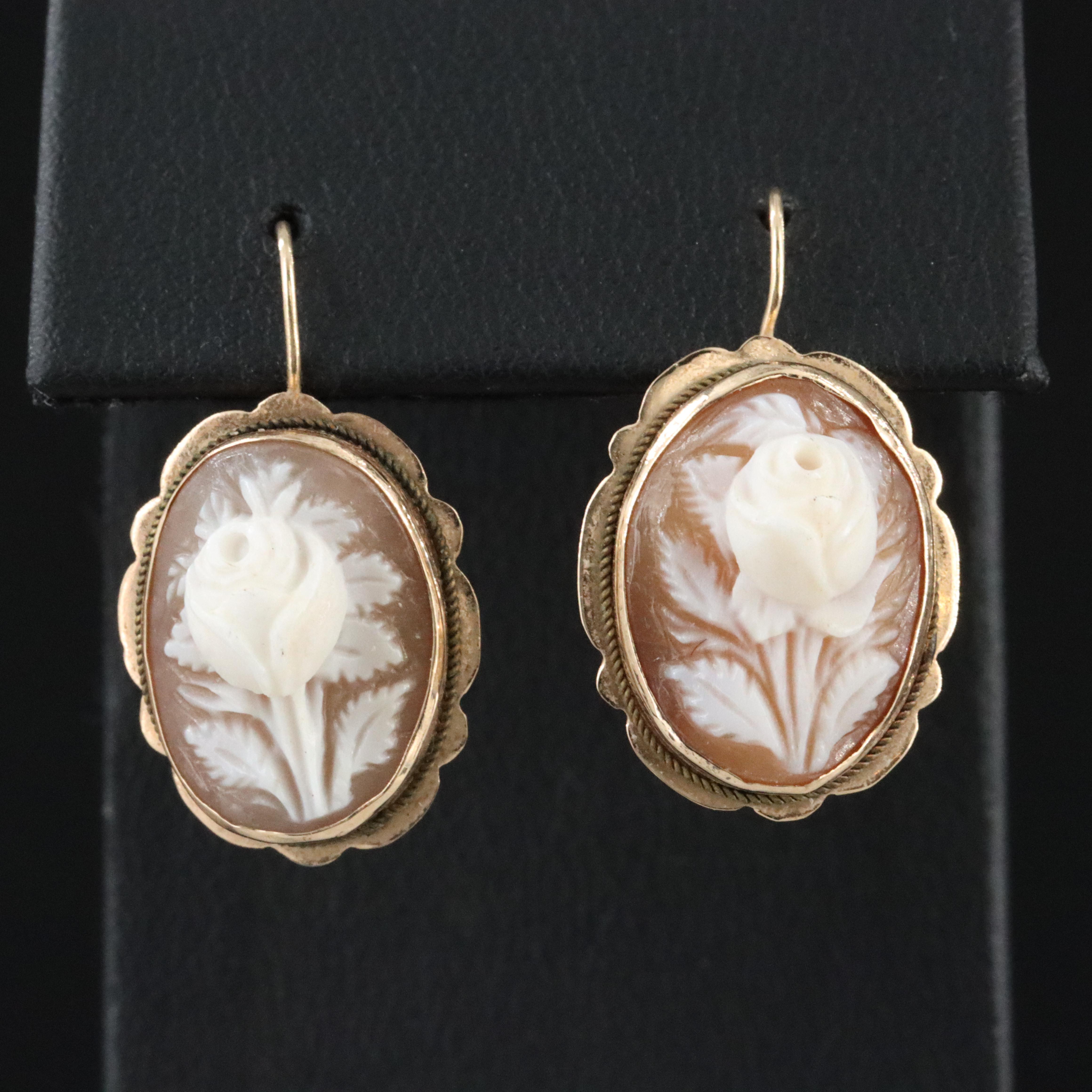 Vintage 14K High Relief Rose Shell Cameo Earrings