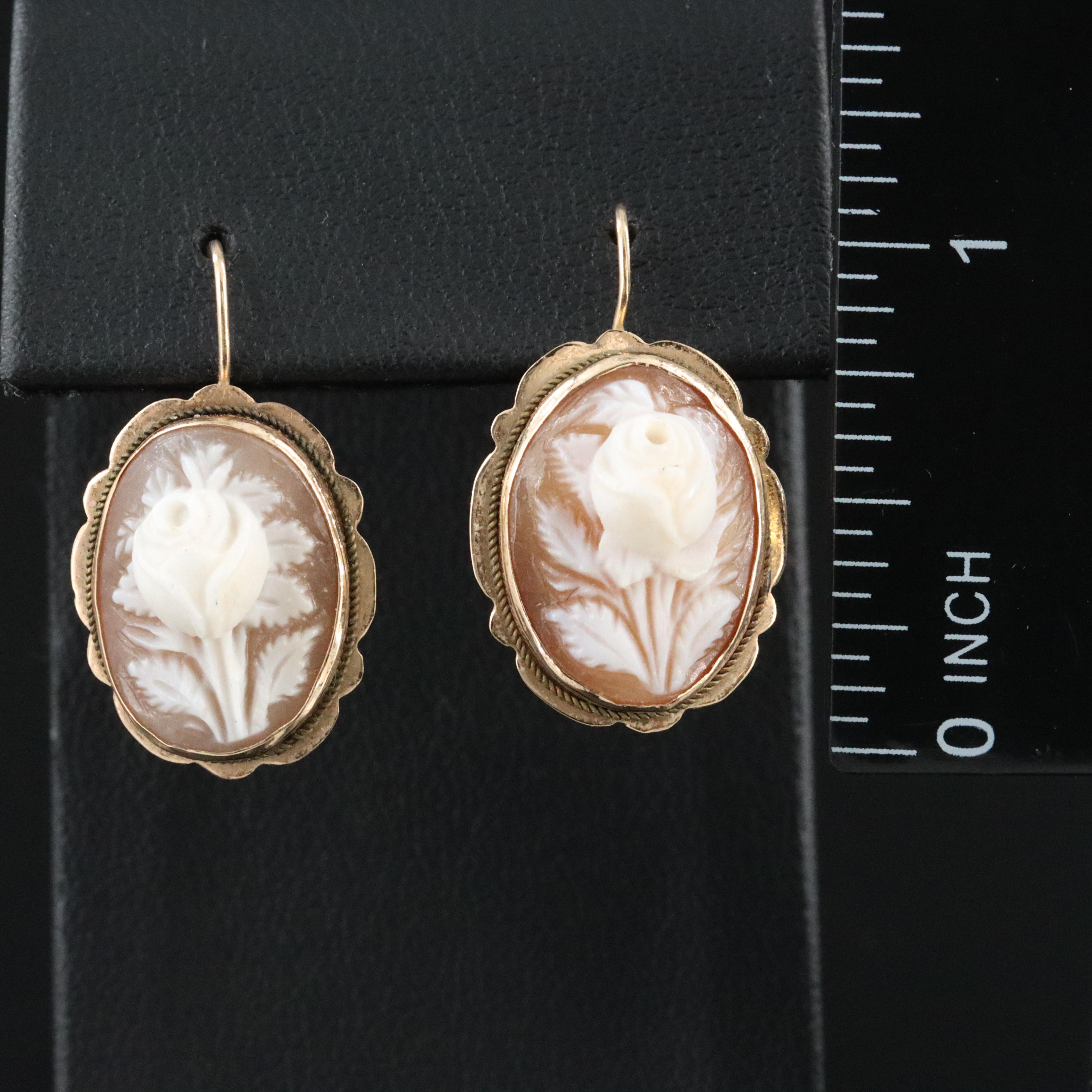 Vintage 14K High Relief Rose Shell Cameo Earrings