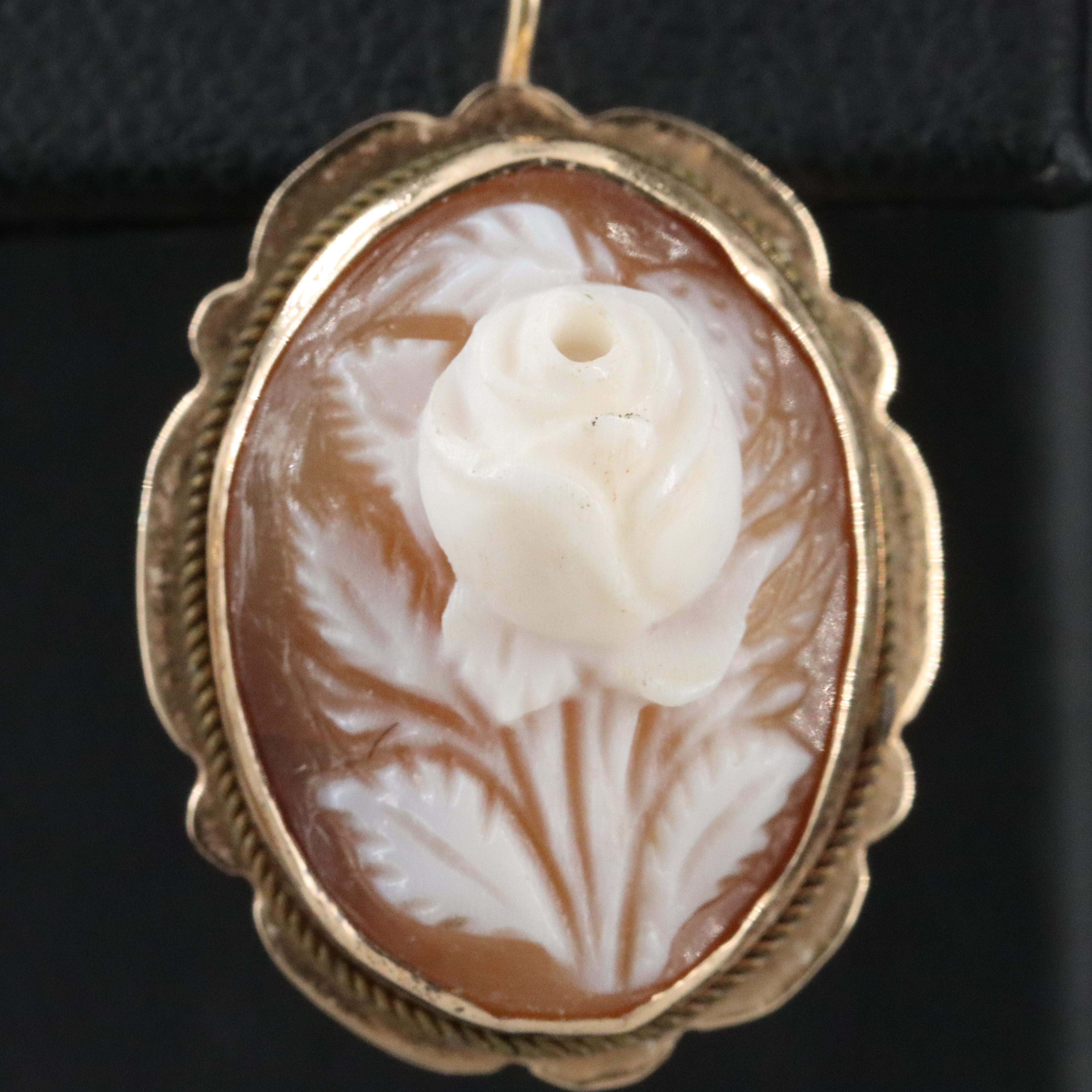 Vintage 14K High Relief Rose Shell Cameo Earrings