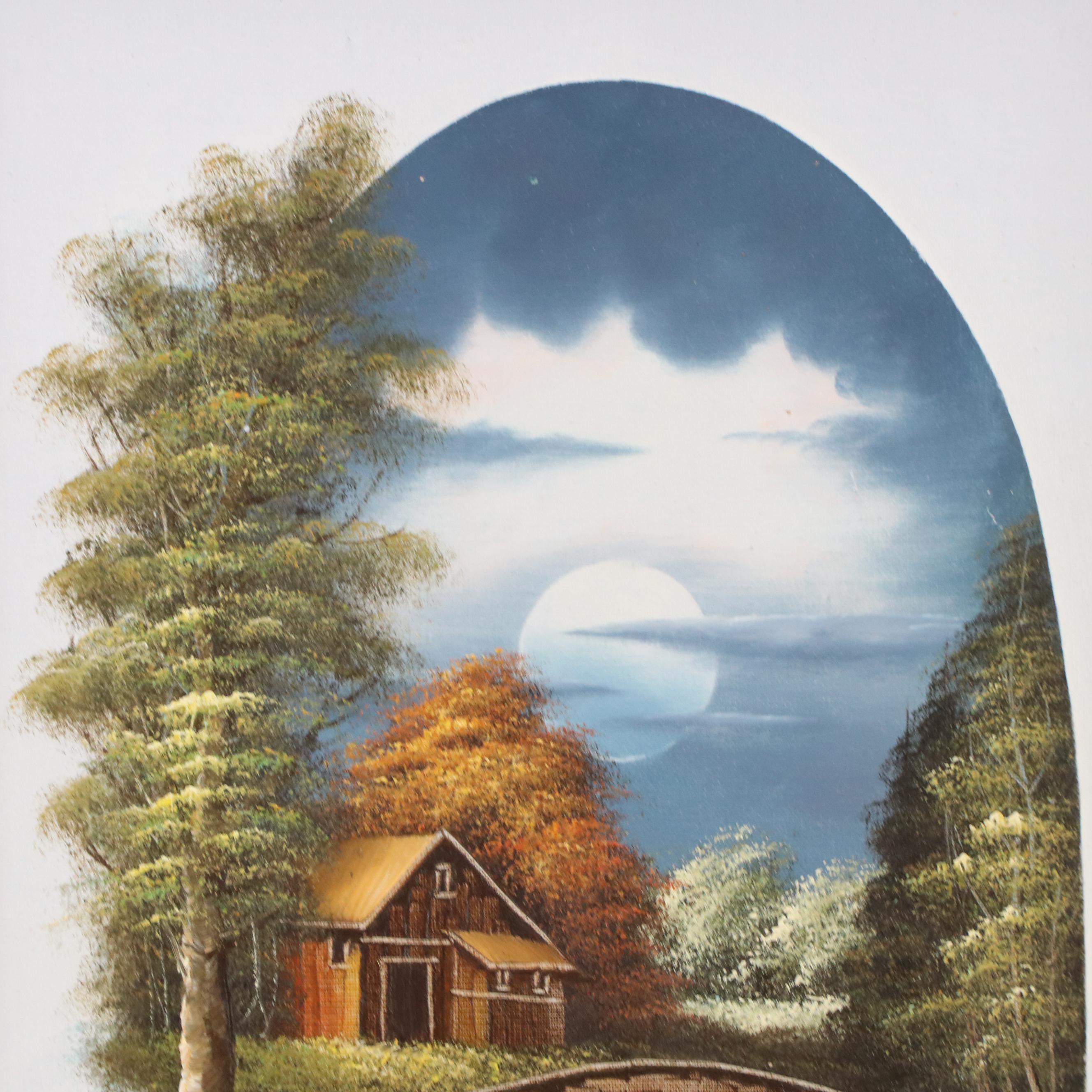 Landscape Oil Painting with Moonlit Cabin, Late 20th Century