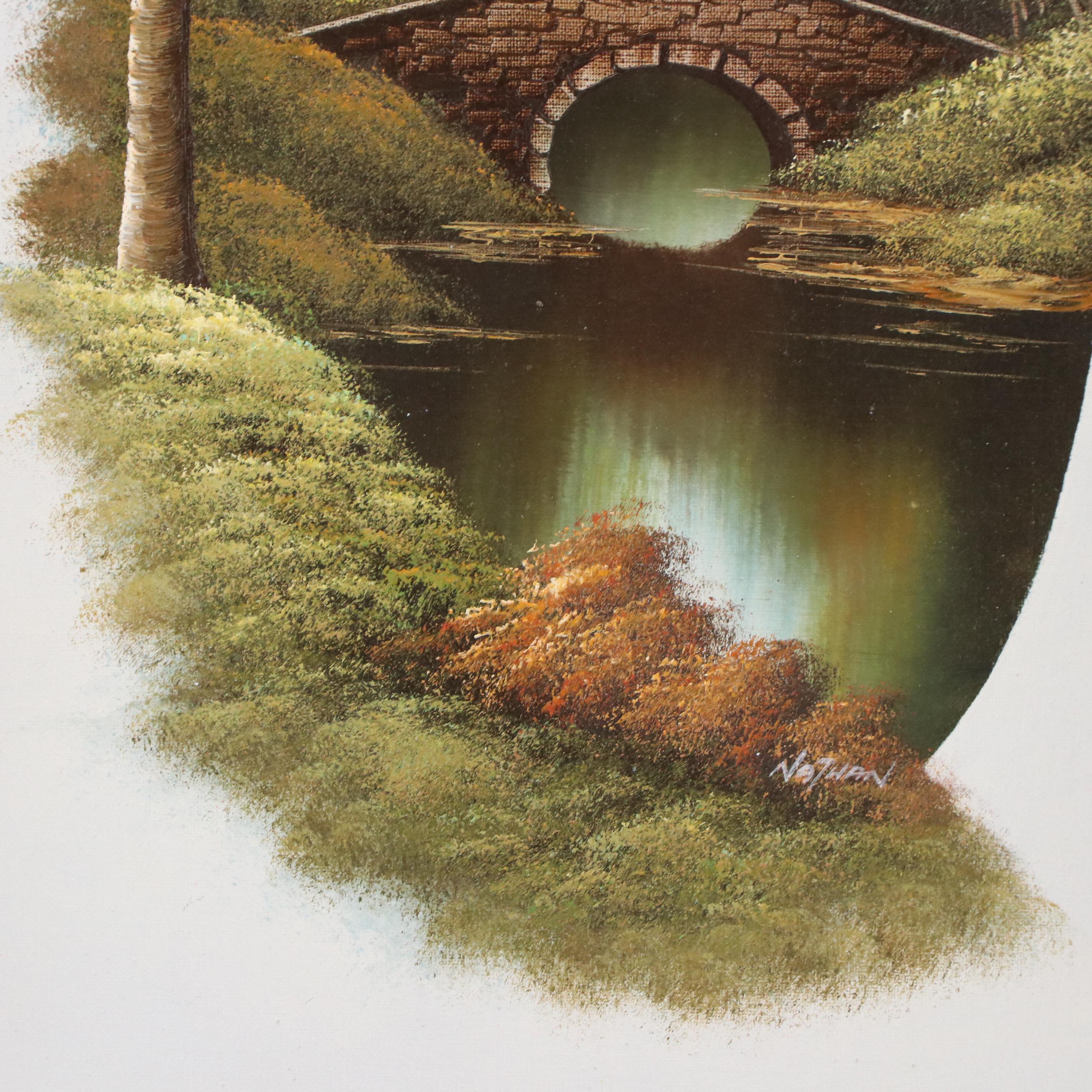 Landscape Oil Painting with Moonlit Cabin, Late 20th Century