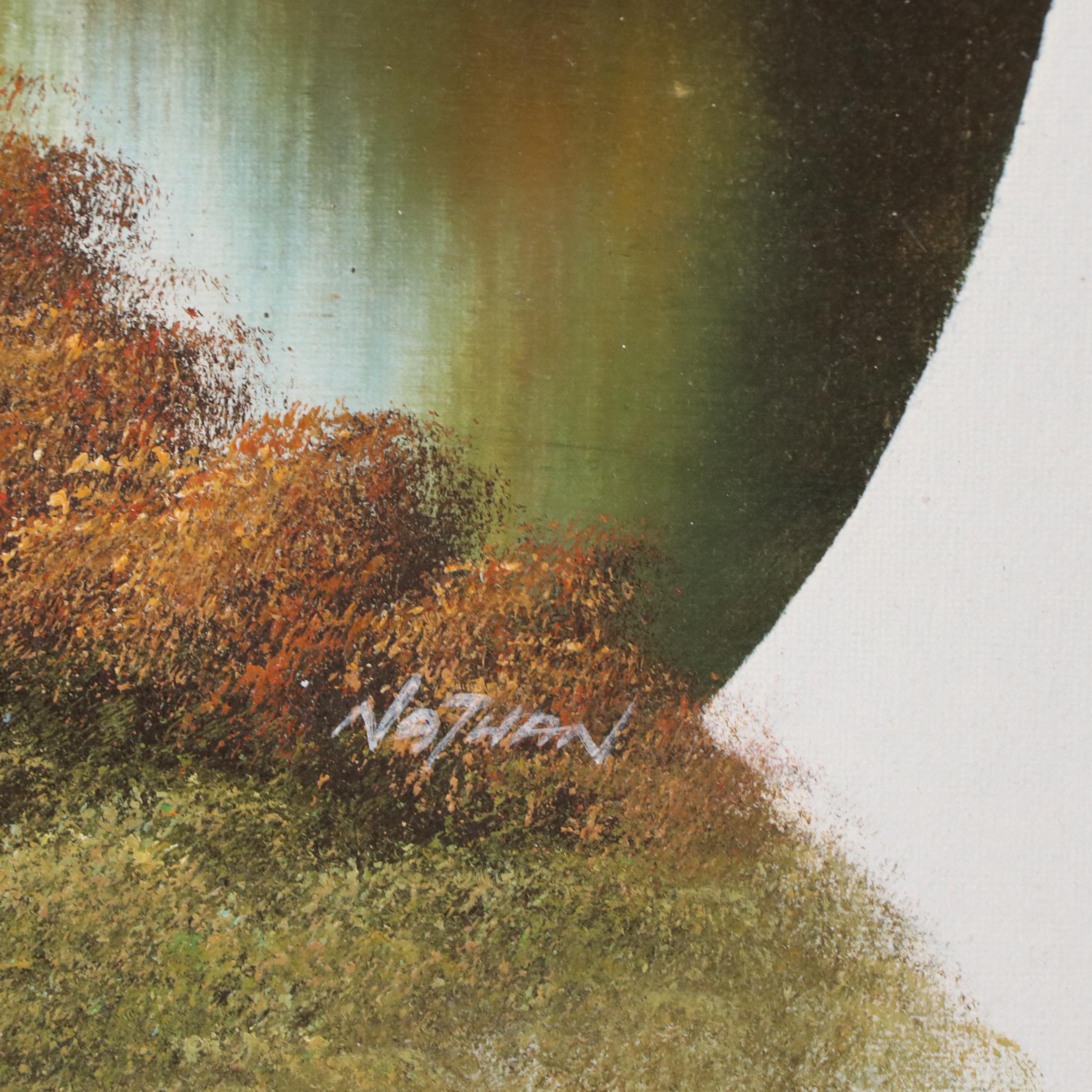 Landscape Oil Painting with Moonlit Cabin, Late 20th Century