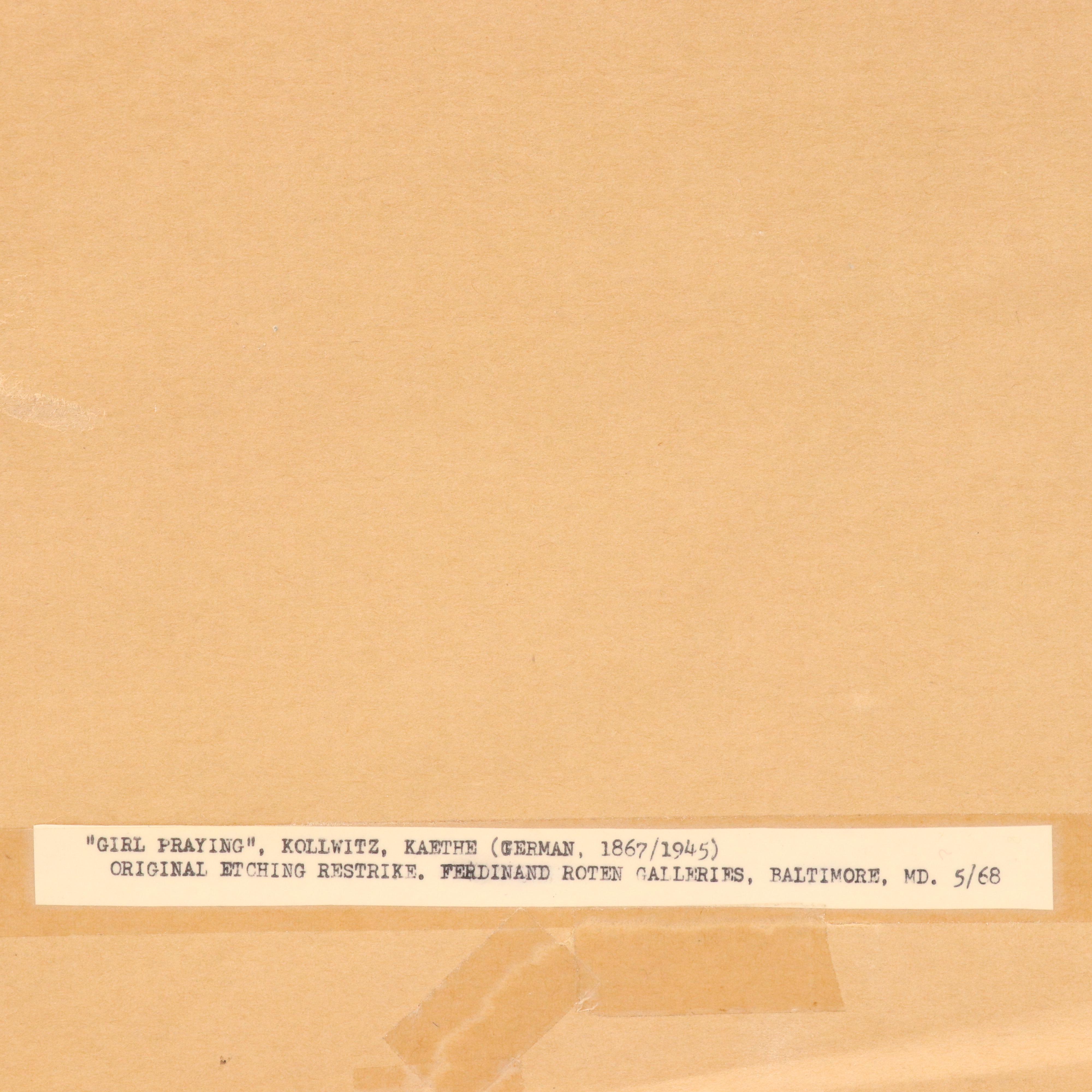 After Kathe Kollwitz Etching "Girl Praying," Early/ Mid-20th Century