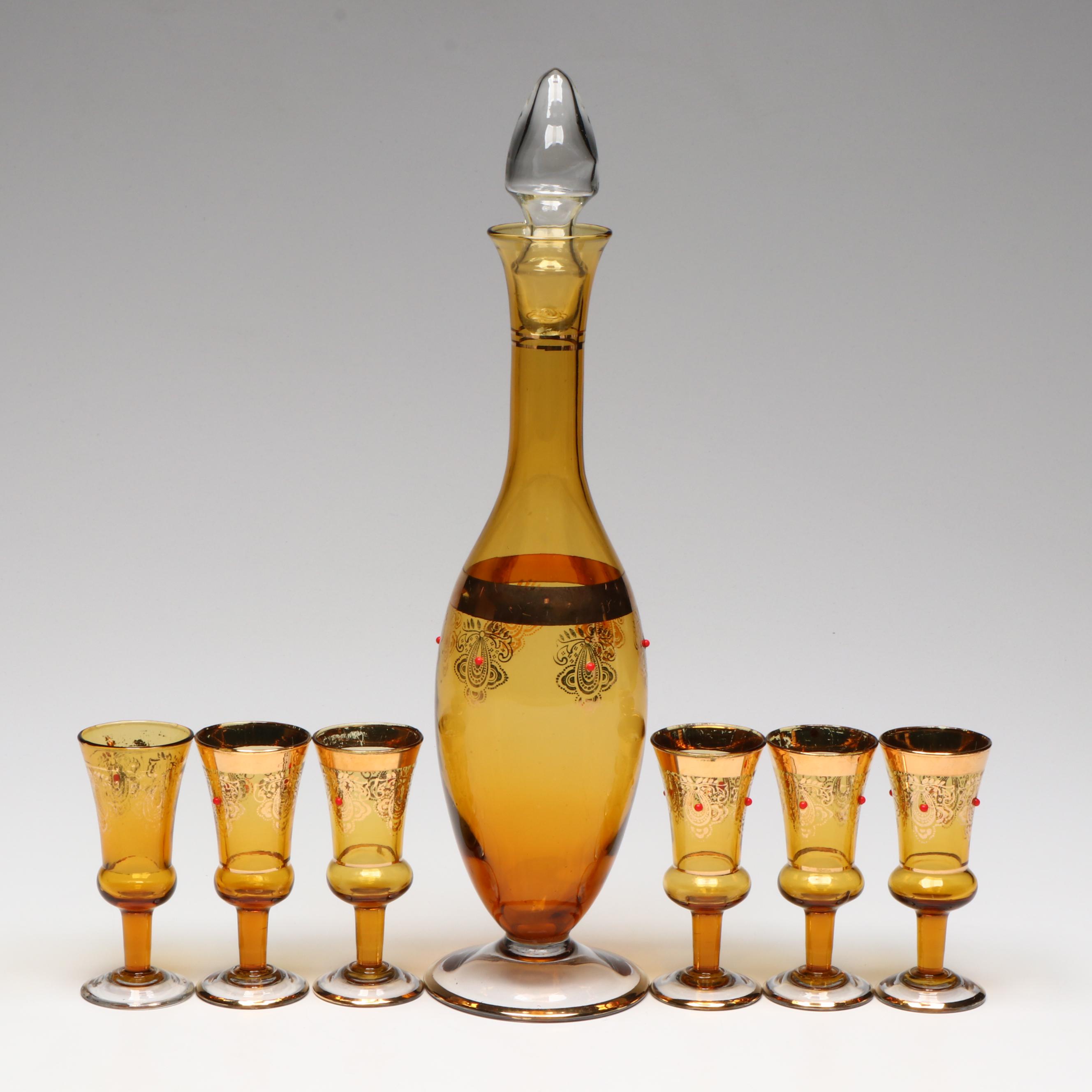 Venetian Style Gilt Amber Glass Decanter and Cordials