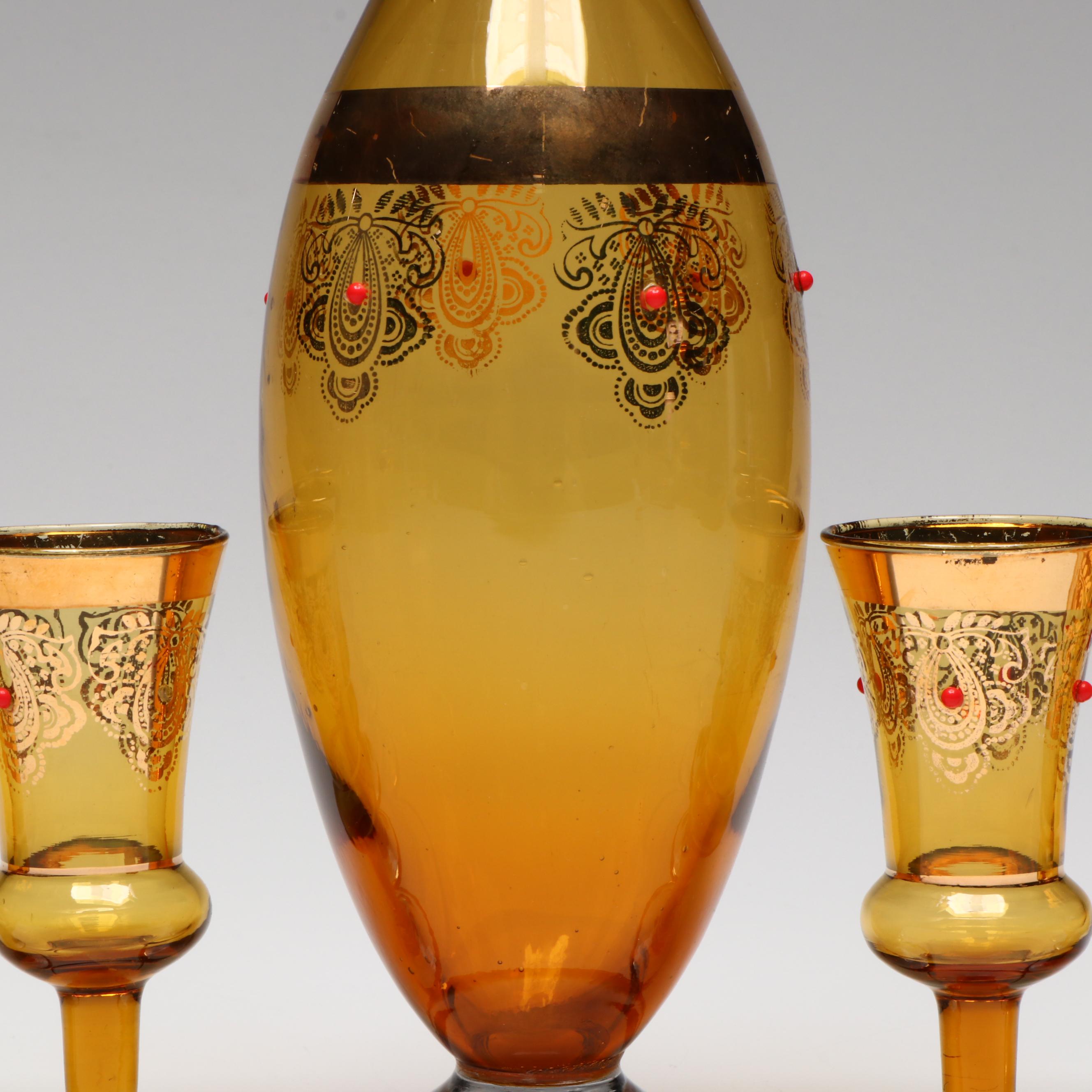 Venetian Style Gilt Amber Glass Decanter and Cordials