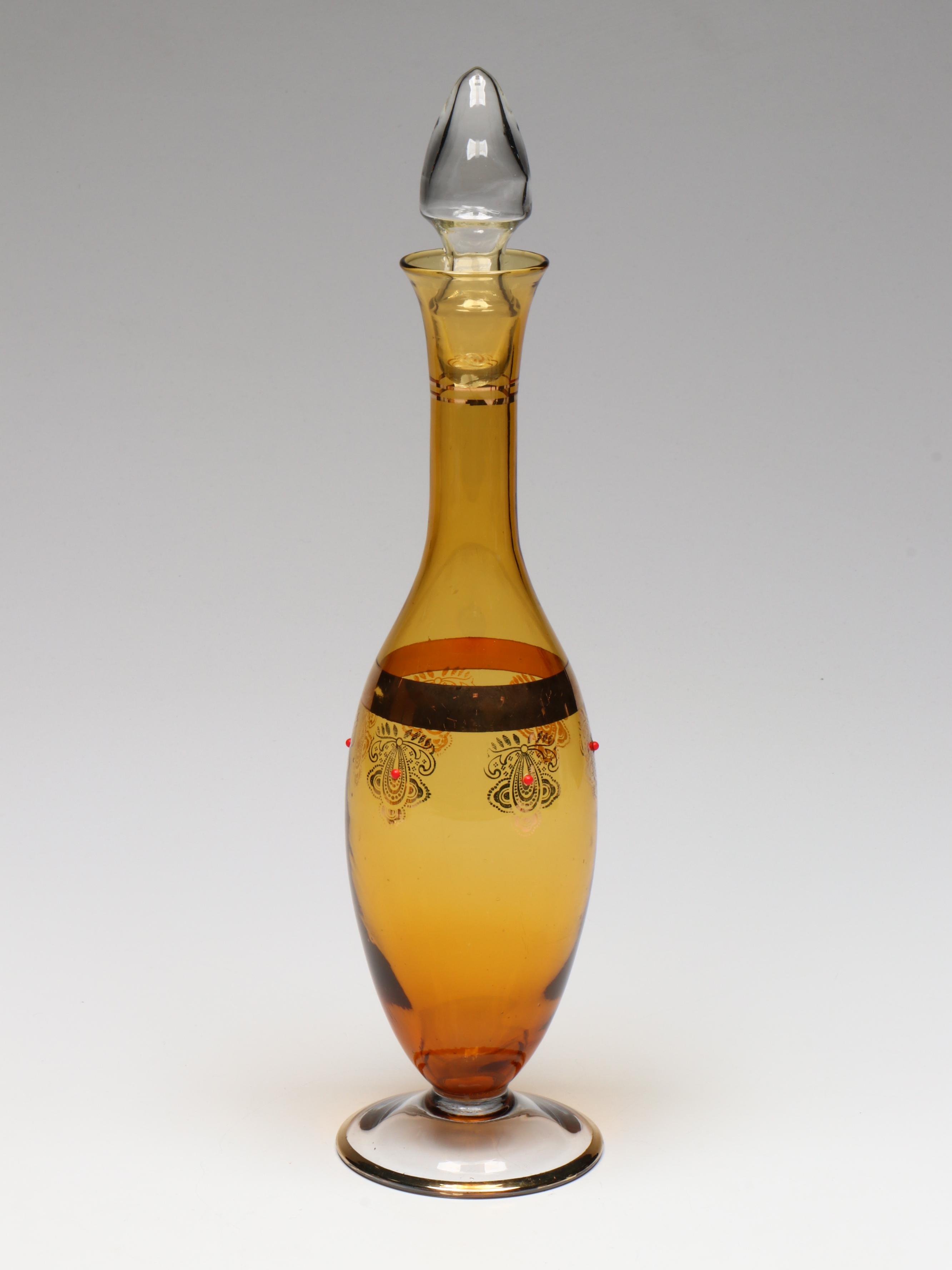 Venetian Style Gilt Amber Glass Decanter and Cordials
